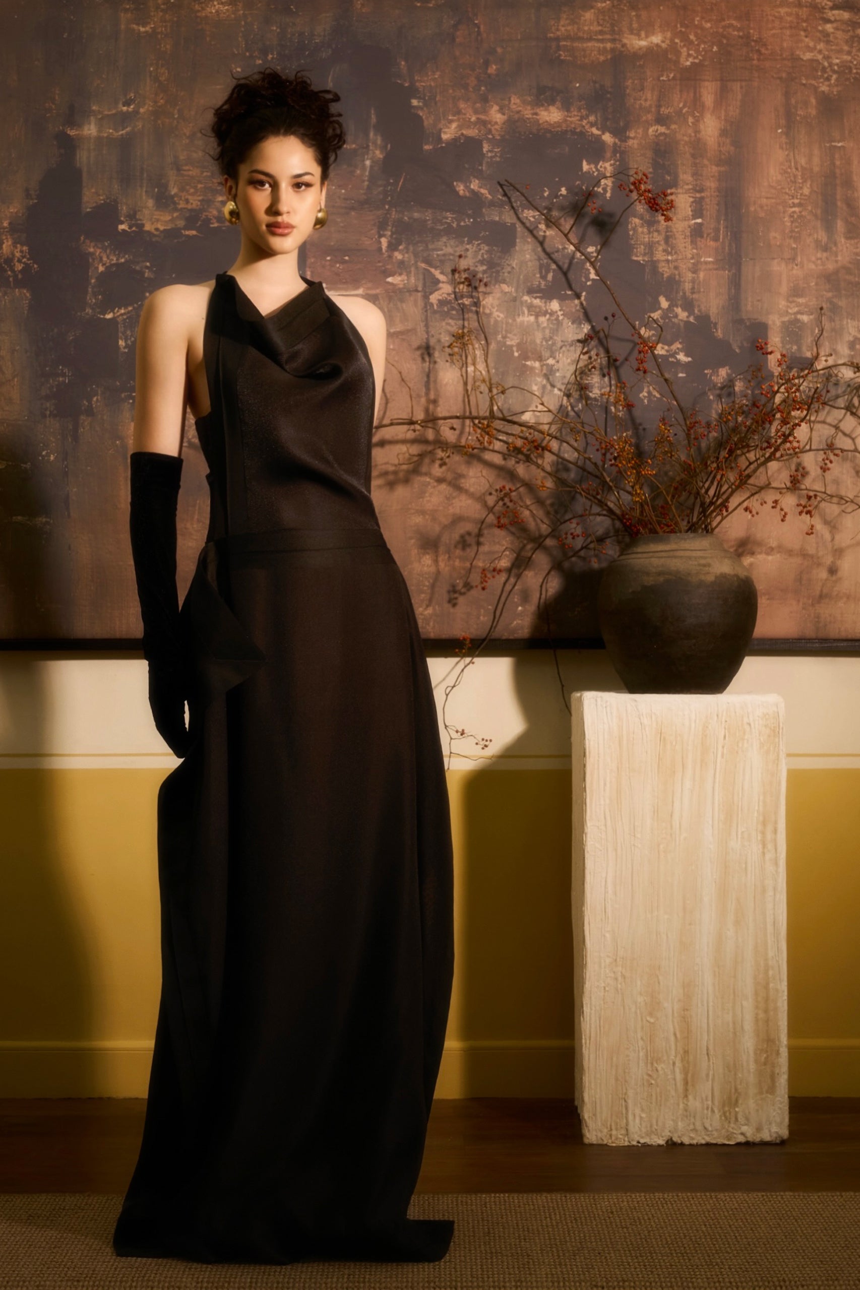 Huyen Di A-Line Panel Drape Silk Organza Maxi Dress