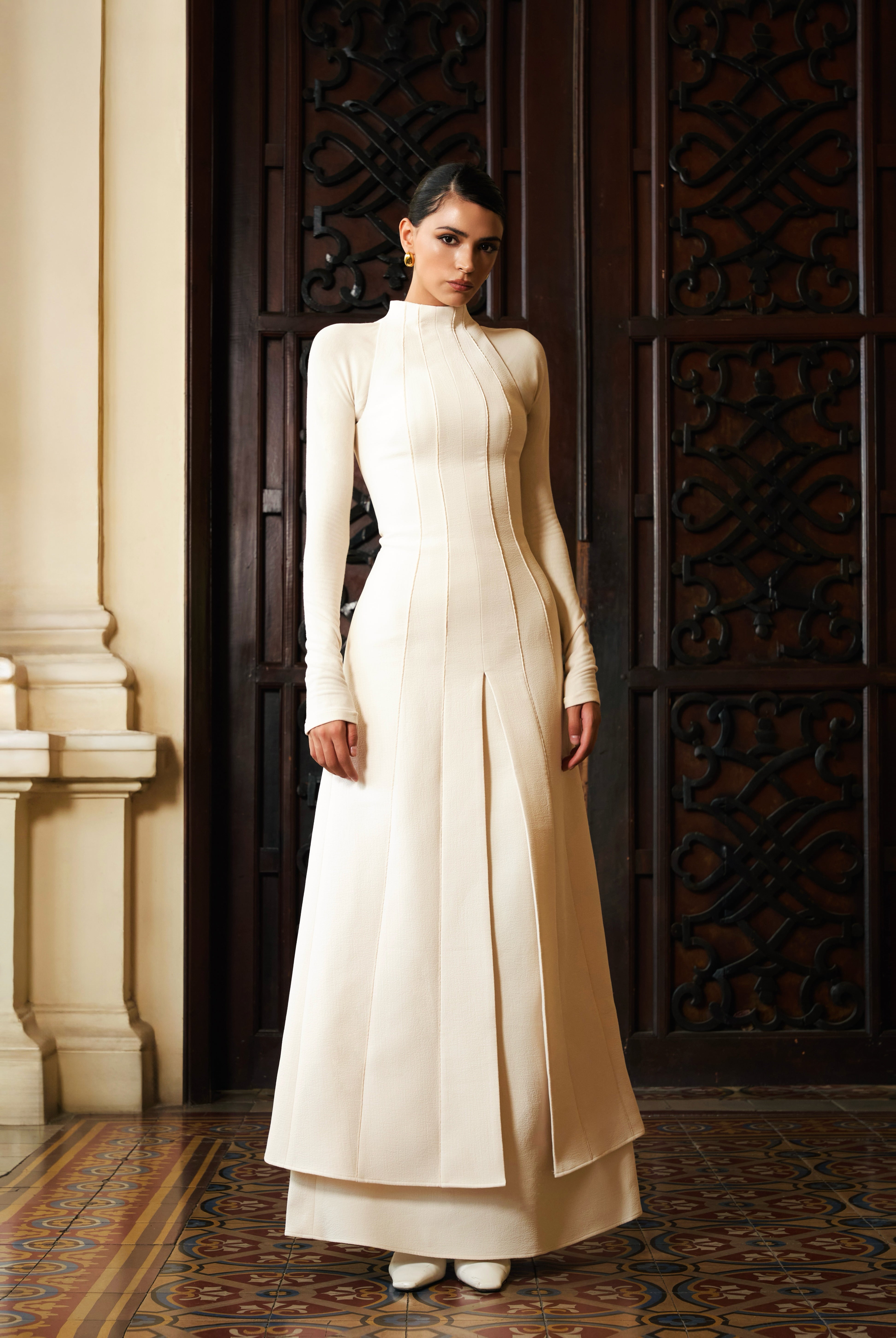 Women's Han Yen Layered High Neck Crinkle Crepe Midi Dress XS/S/M/L/XL/Customize Cream Women's Han Yen Layered High Neck Crinkle Crepe Midi Dress XS/S/M/L/XL/Customize Cream