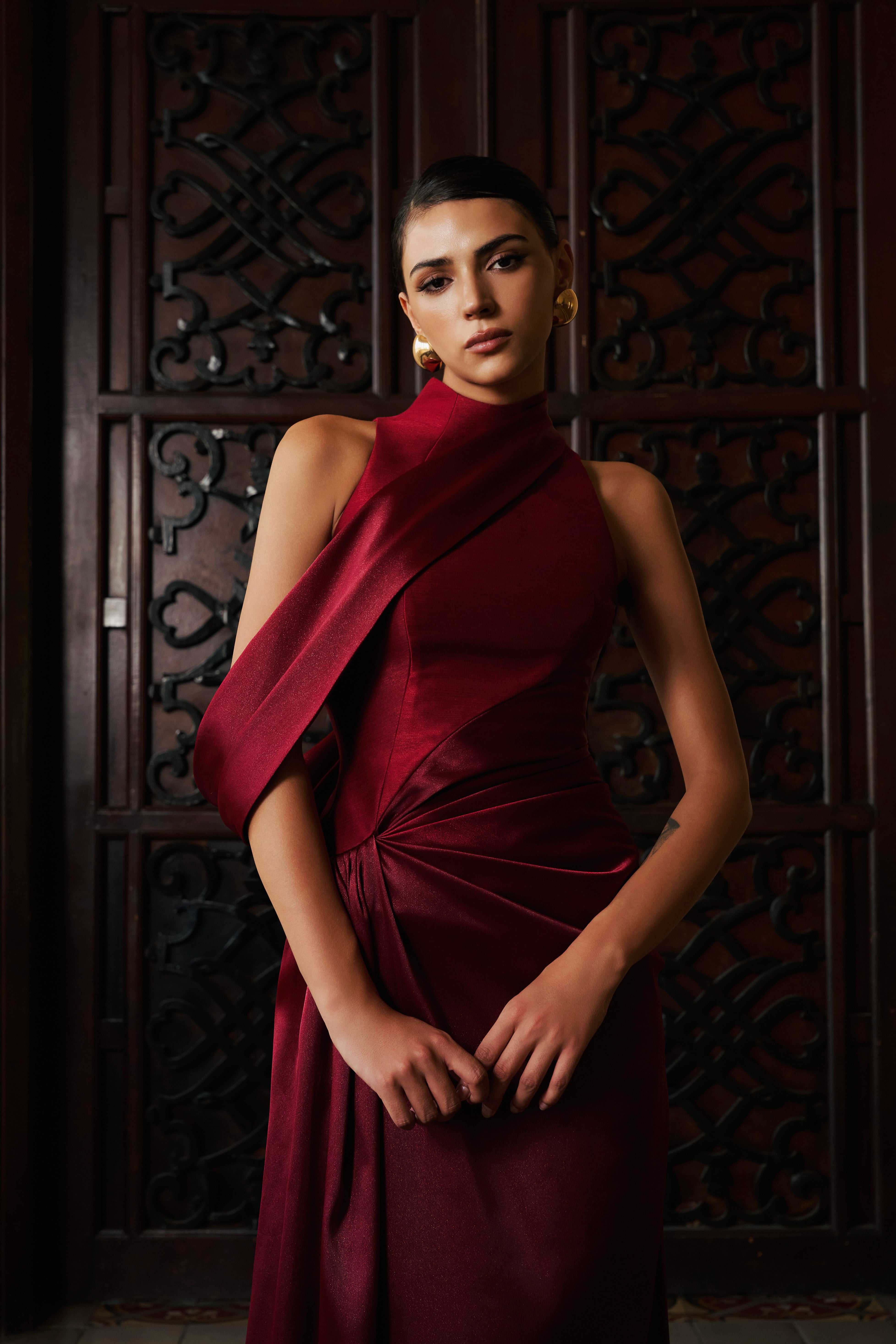 high neck draped maxi dress TINH Atelier- Women's Linh Nguyet Sheath High-Neck Draped Maxi Dress  XS/S/M/L/XL/Customize