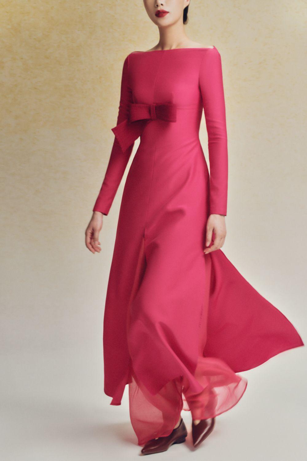 TINH Atelier - Women's Dao Huong Layered Boat Neck Cotton Rayon Floor  Length Dress XS/S/M/L/XL Pink
