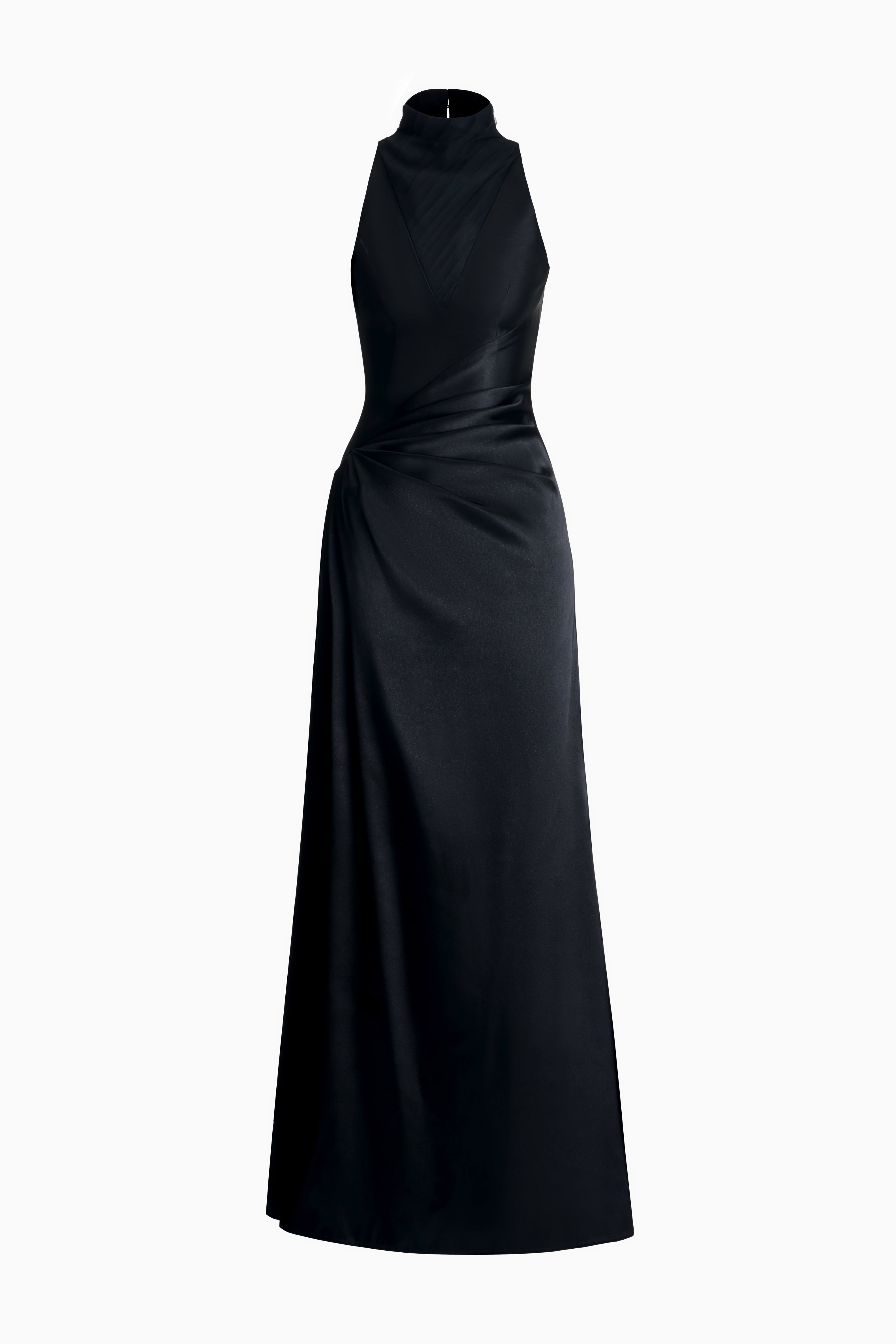 Ngan Ha Sheath High-Neck Draped Satin Maxi Dress