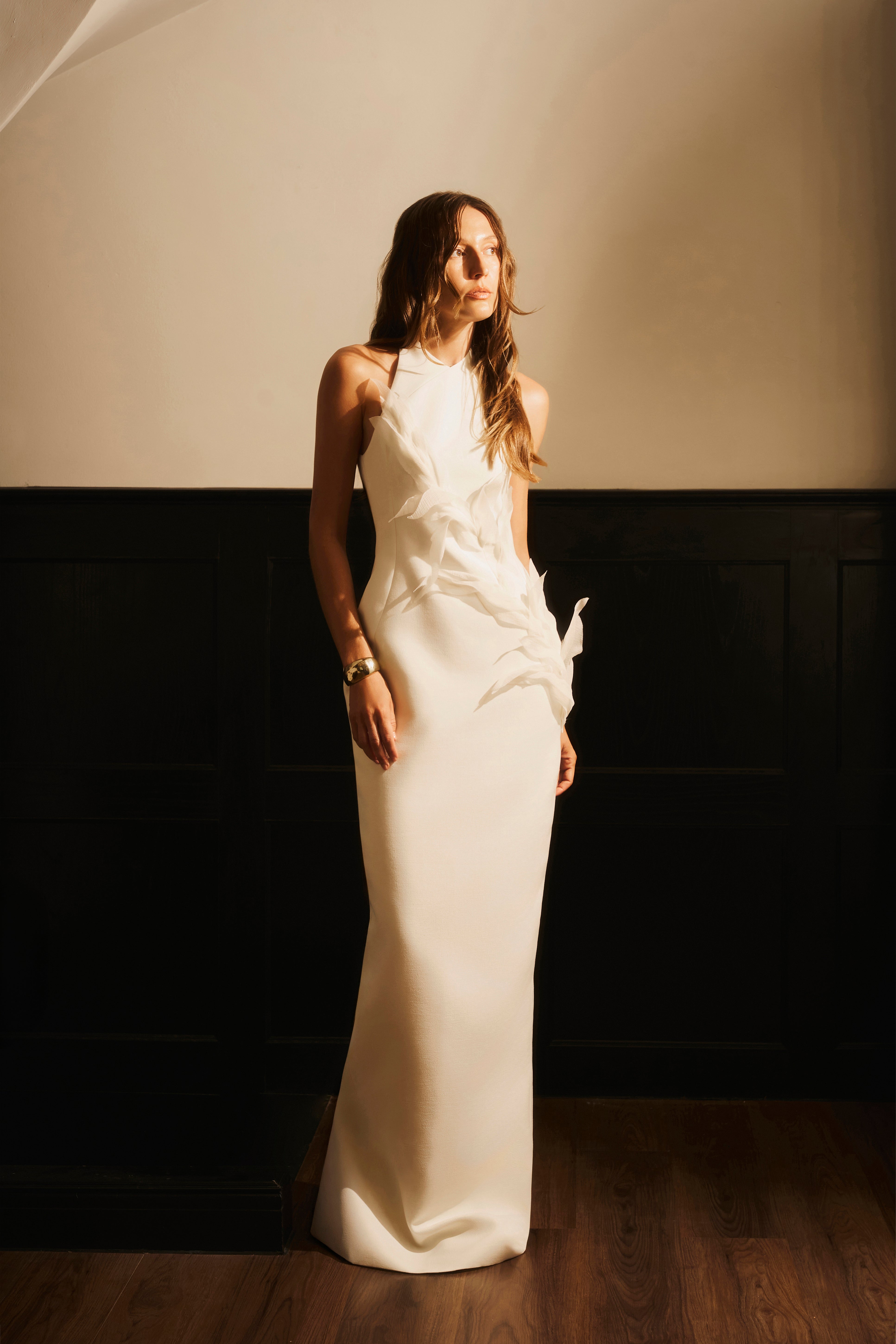 Mien Ha Sheath Halter Neck Taffeta Maxi Dress