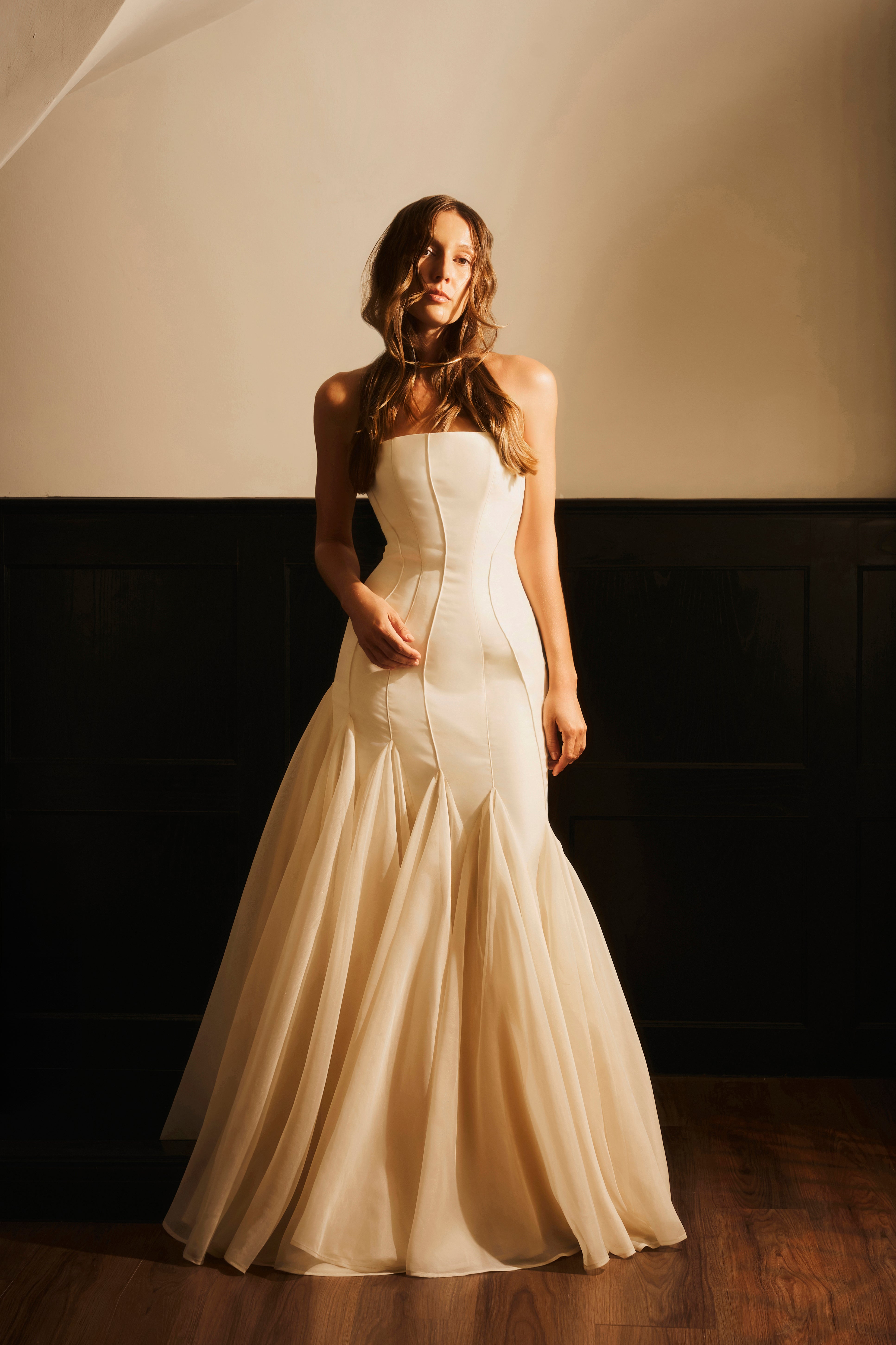 Yen Van Trumpet Strapless Organza & Taffeta Maxi Dress