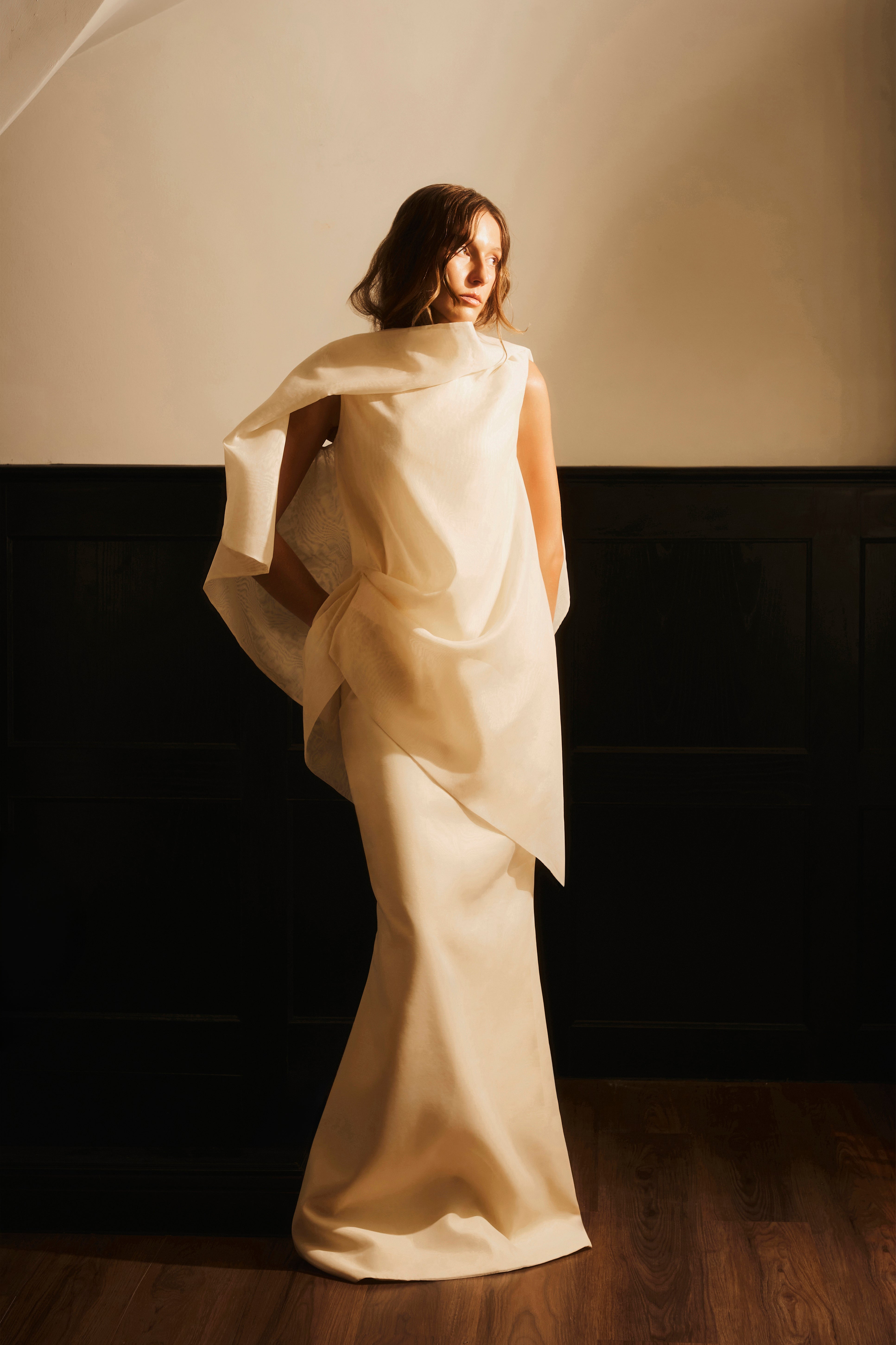 Nhu Van Trumpet Draped Organza Maxi Dress