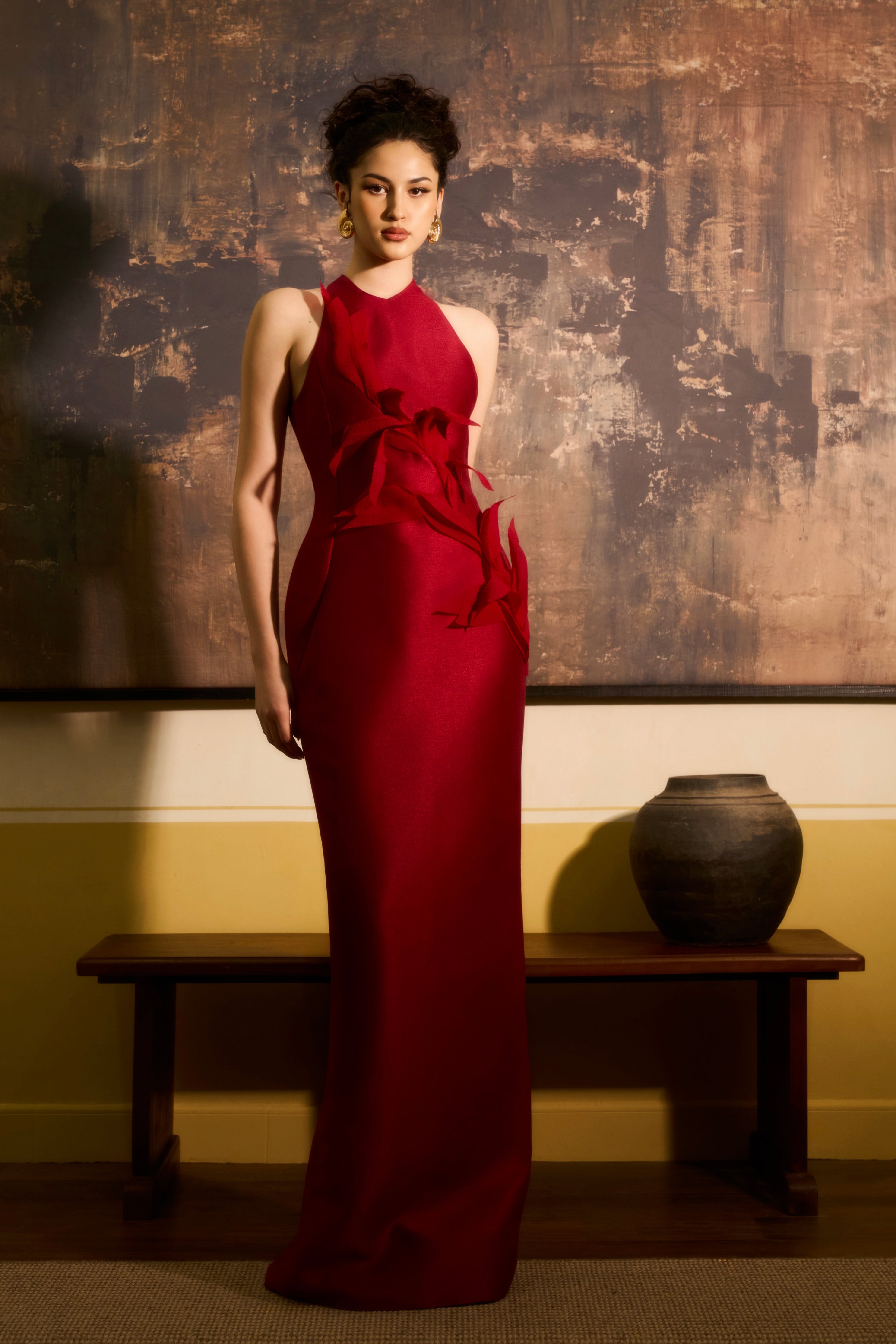 Mien Ha Sheath Halter Neck Taffeta Maxi Dress