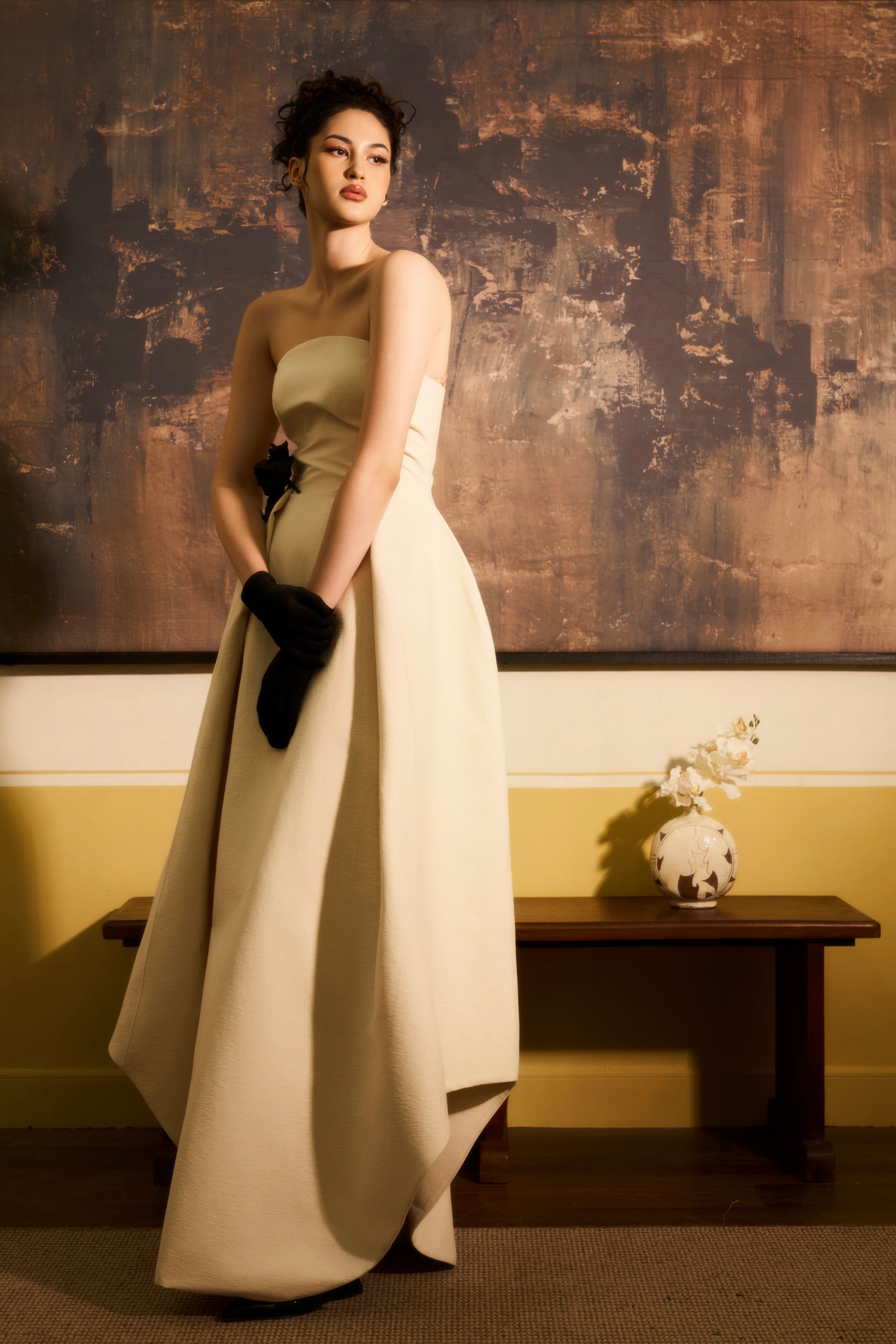 Minh Uyen A-Line Strapless Chenille Maxi Dress