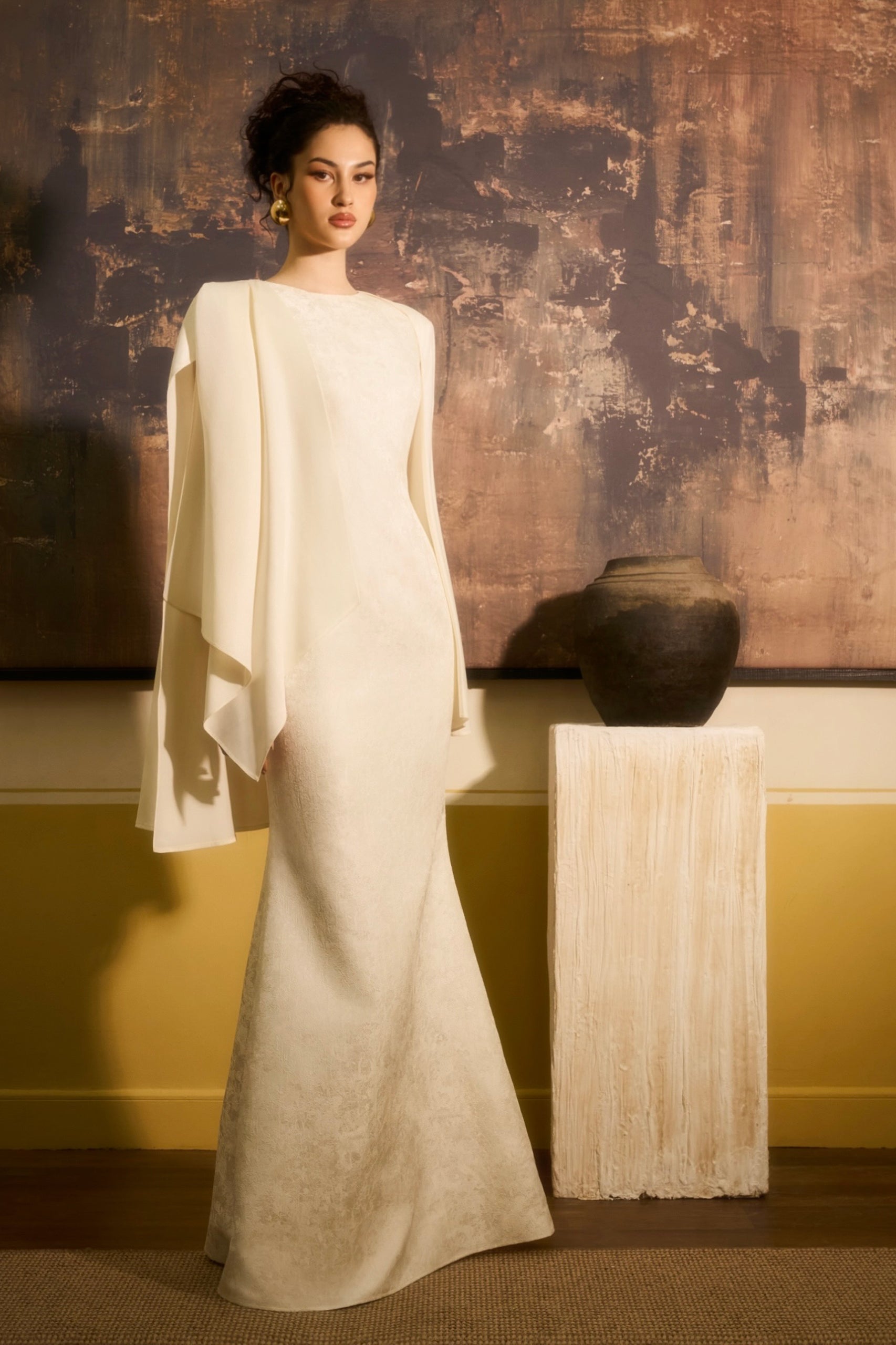 Van Ha Trumpet Cape Overlay Brocade Maxi Dress