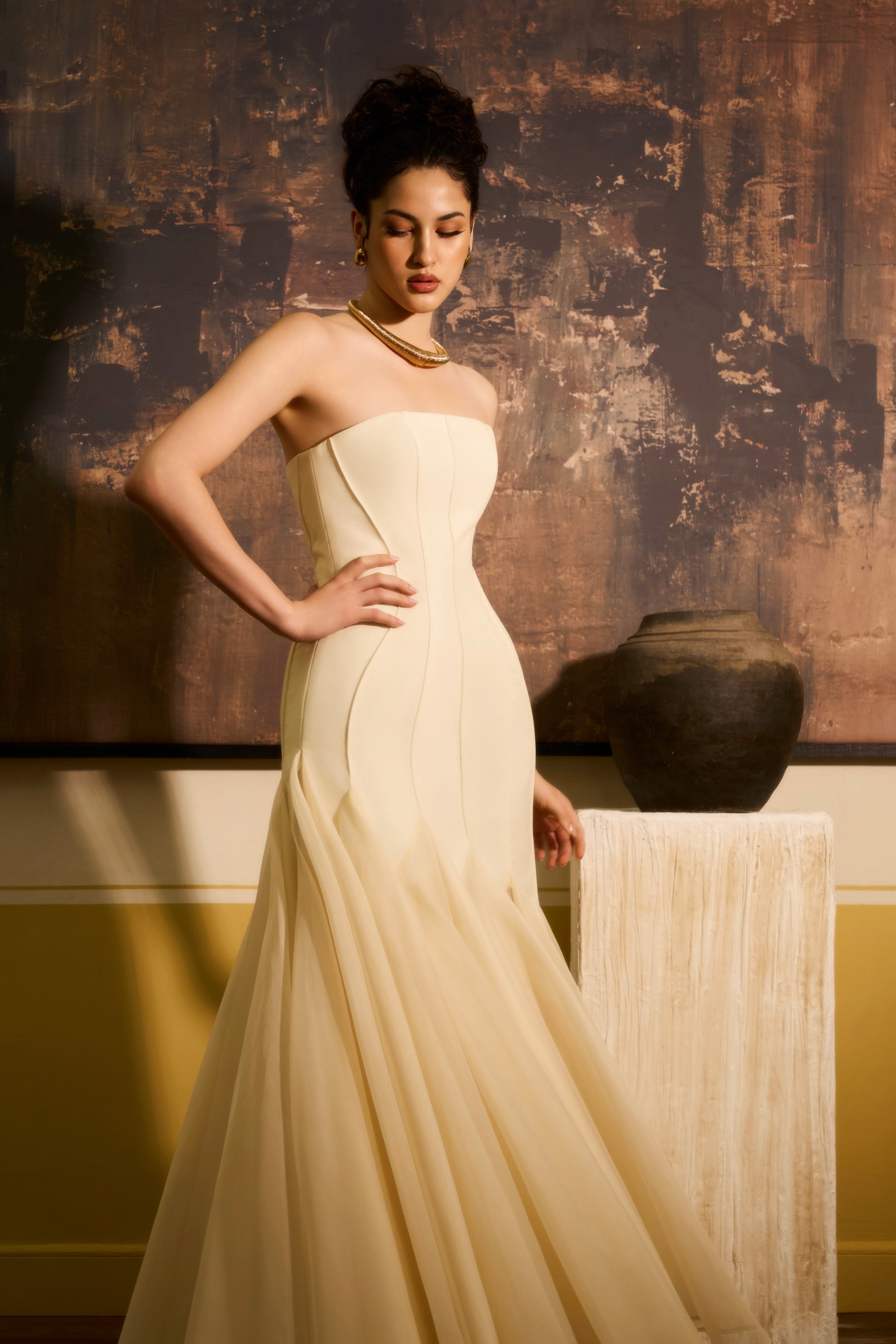 Yen Van Trumpet Strapless Organza & Taffeta Maxi Dress