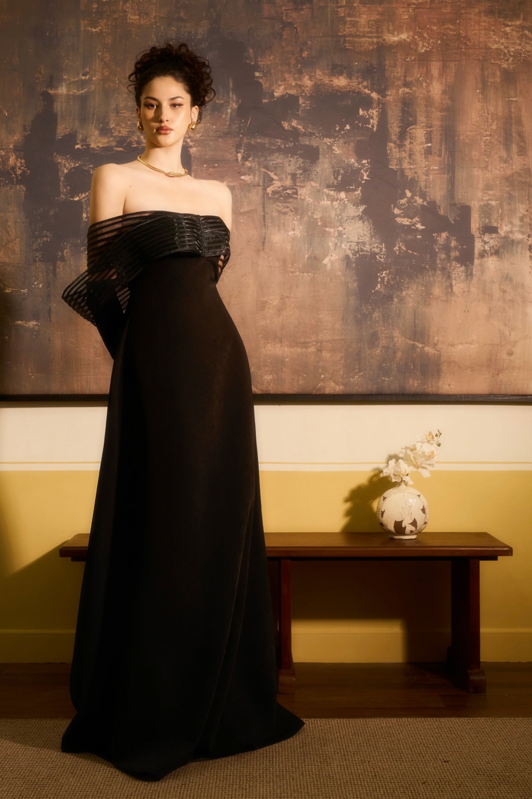 Huyen Dao A-Line Off-Shoulder Velvet Maxi Dress