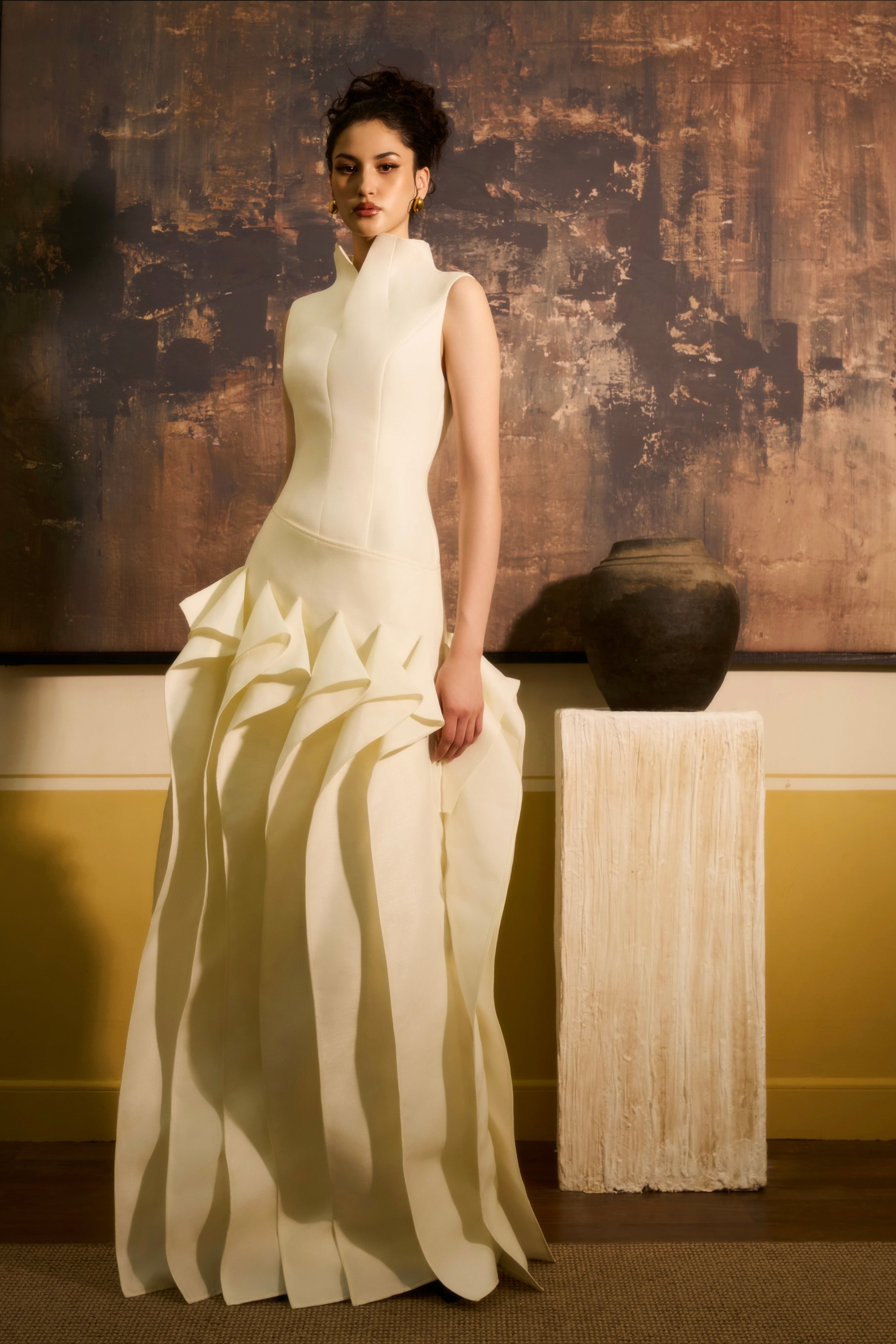 Tinh Van Layered Panels High Neck Taffeta Maxi Dress