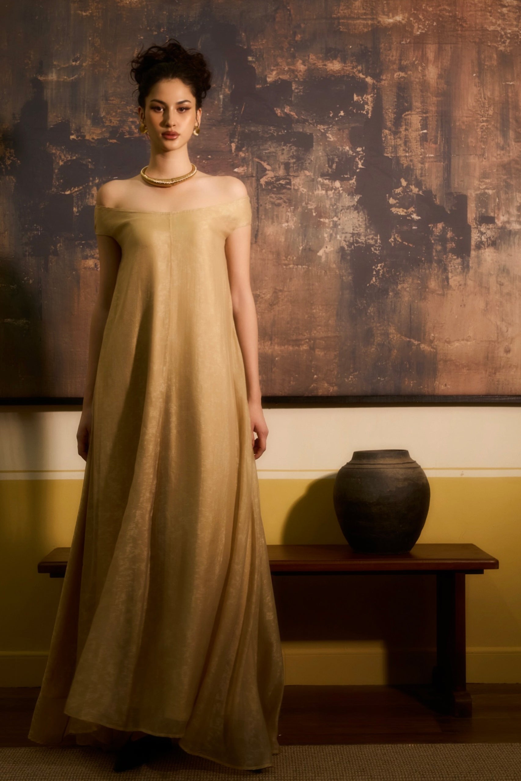 Yen Dung Flared Off-Shoulder Chiffon Maxi Dress