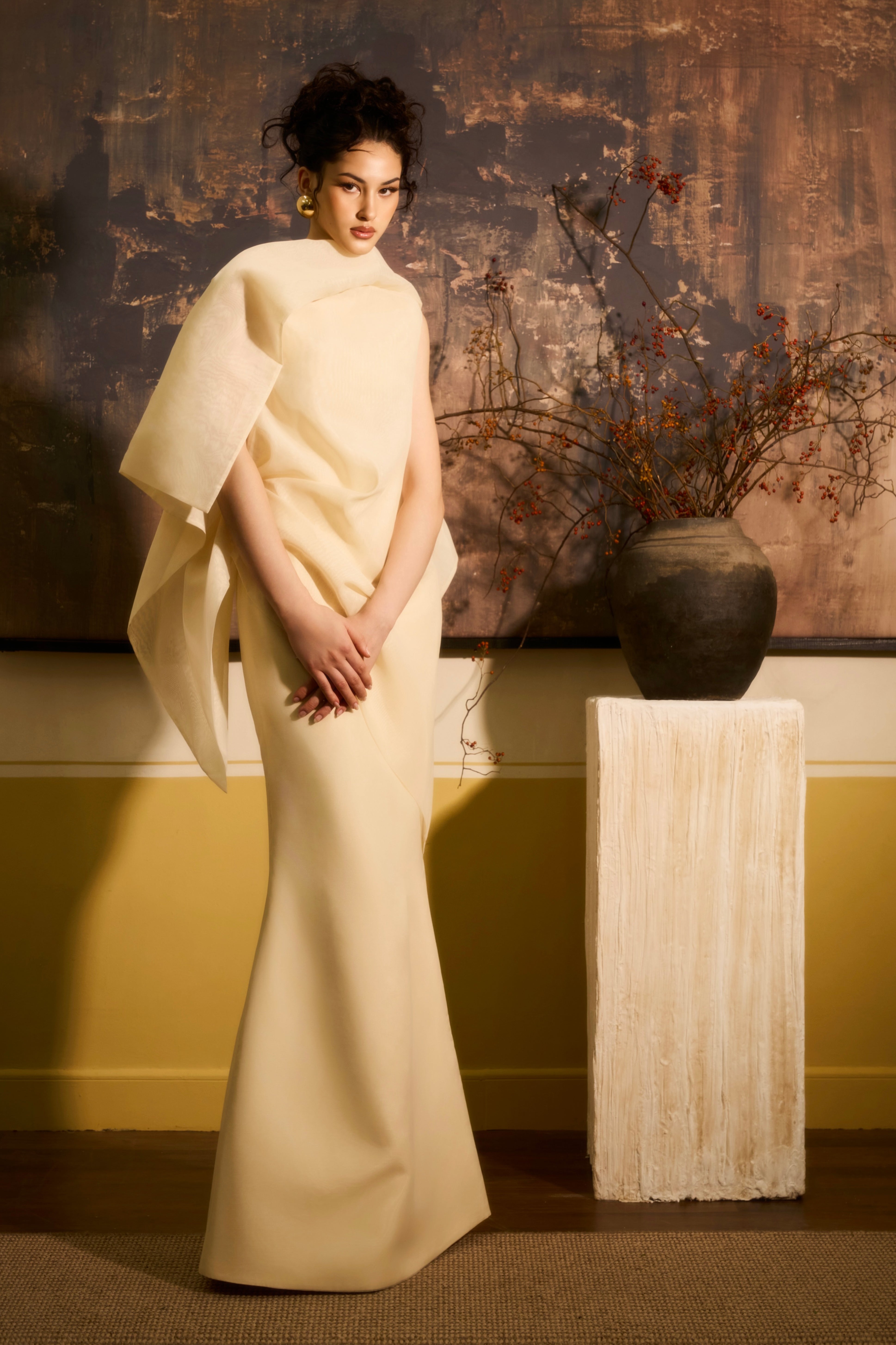 Nhu Van Trumpet Draped Organza Maxi Dress