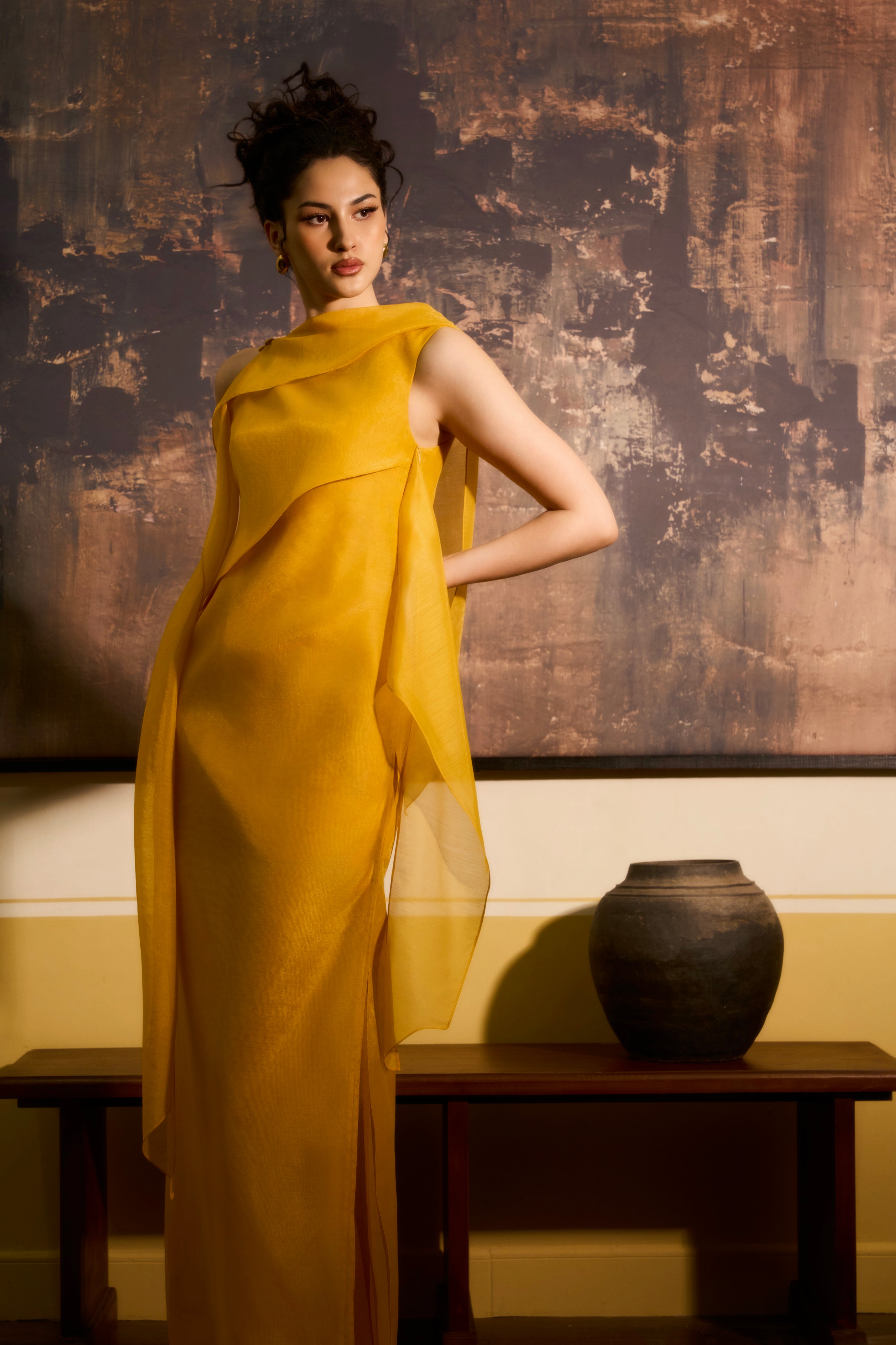 Linh Nha Sheath Layered Organza Maxi Dress
