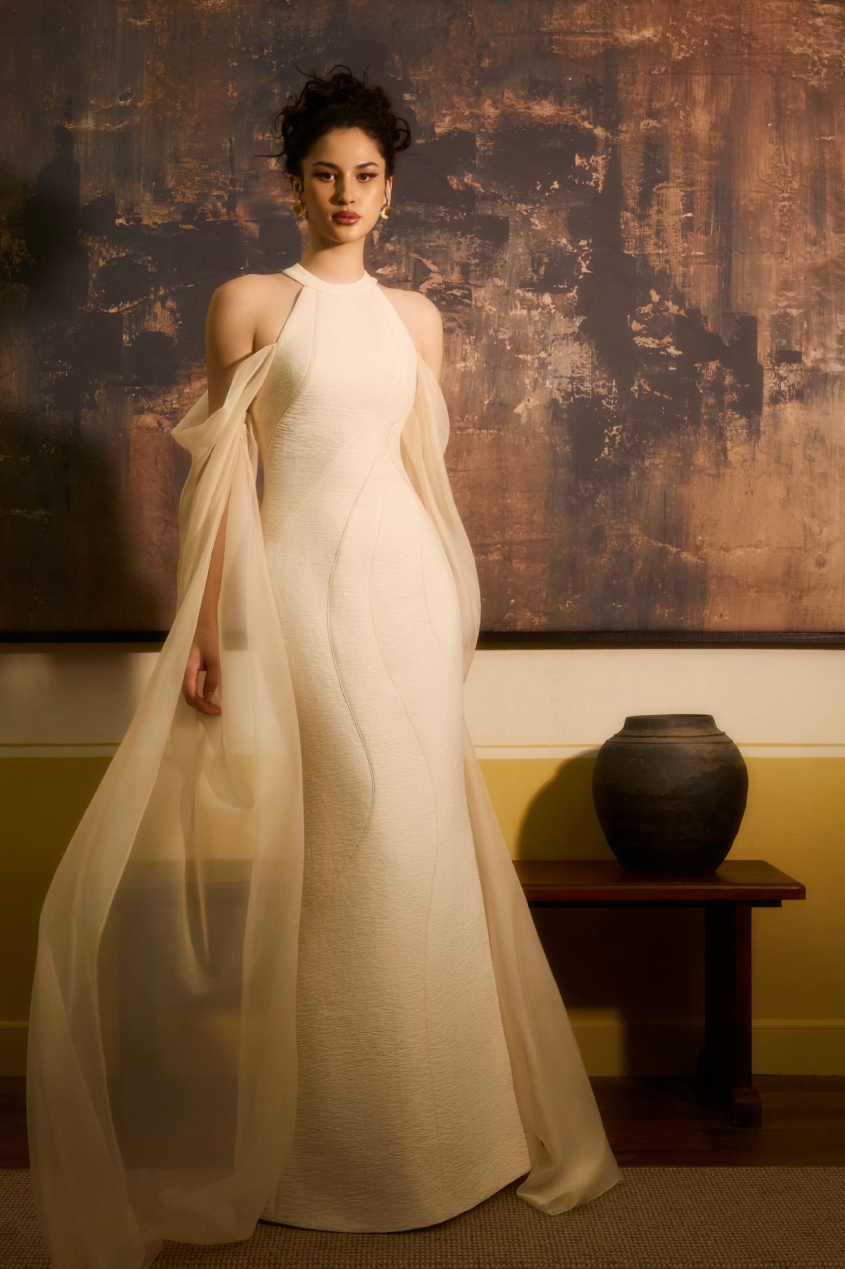 Thanh Yen Sheath Cape Integrated Tussah Silk Maxi Dress