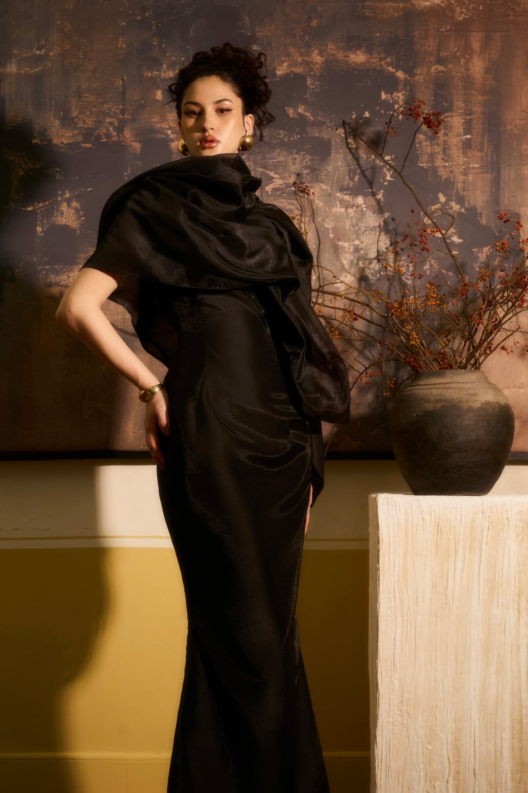 Huyen Y Sheath Architectural Draped Organza Maxi Dress