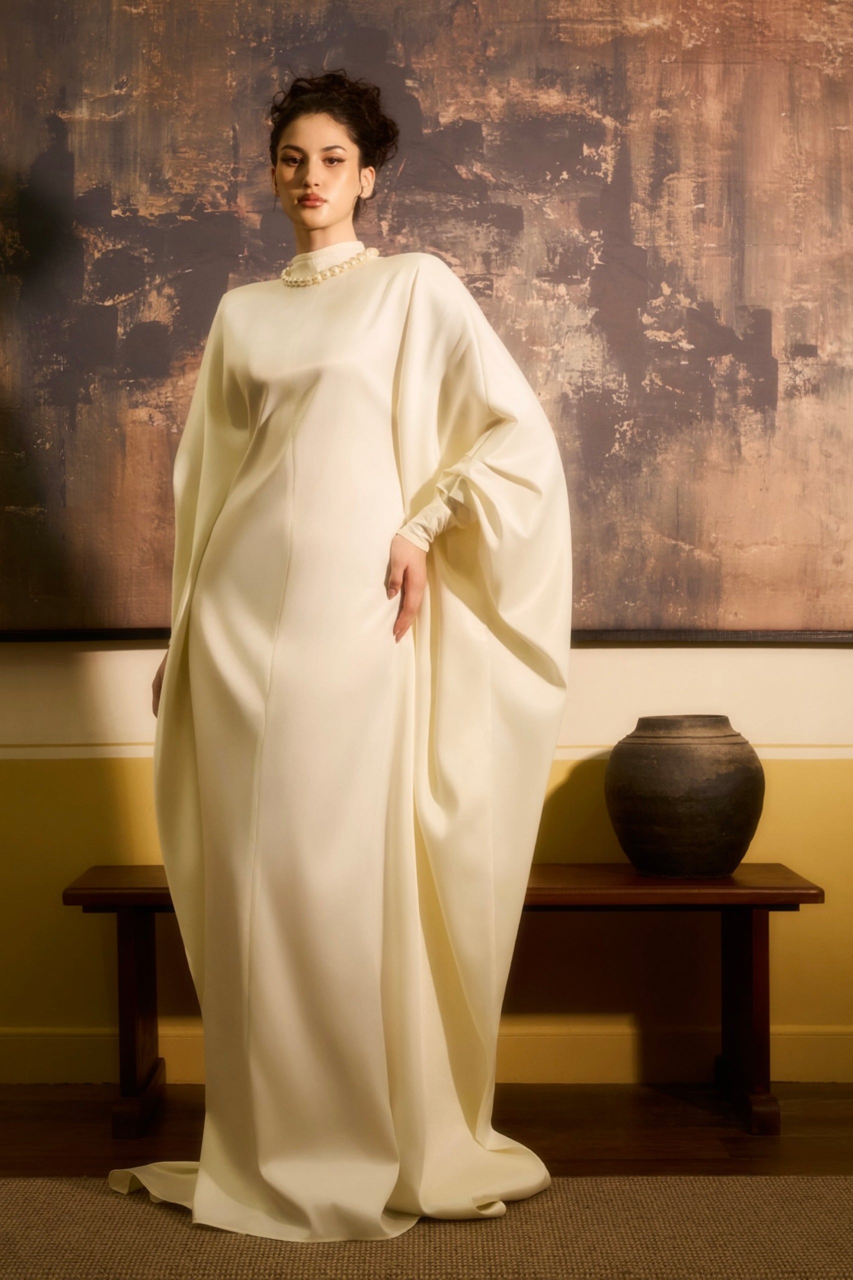 Van Dan Draped Dolman Sleeve Satin Maxi Dress