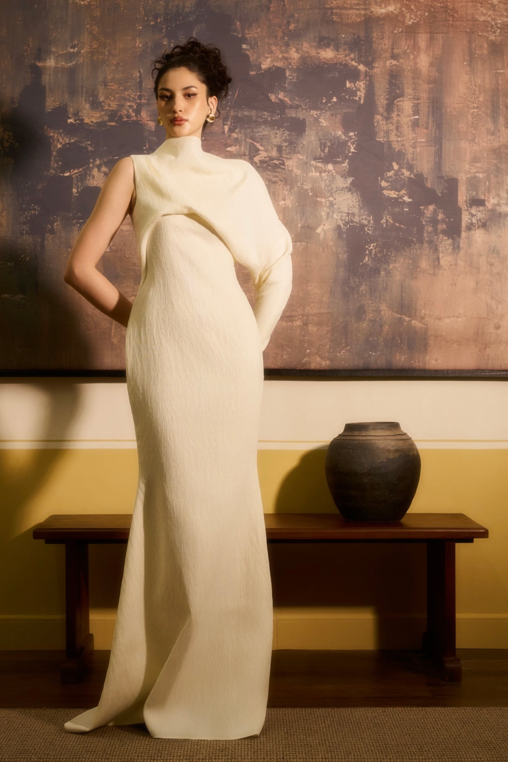 Linh Ha Sheath Asymmetric Drape Crinkle Cotton Maxi Dress
