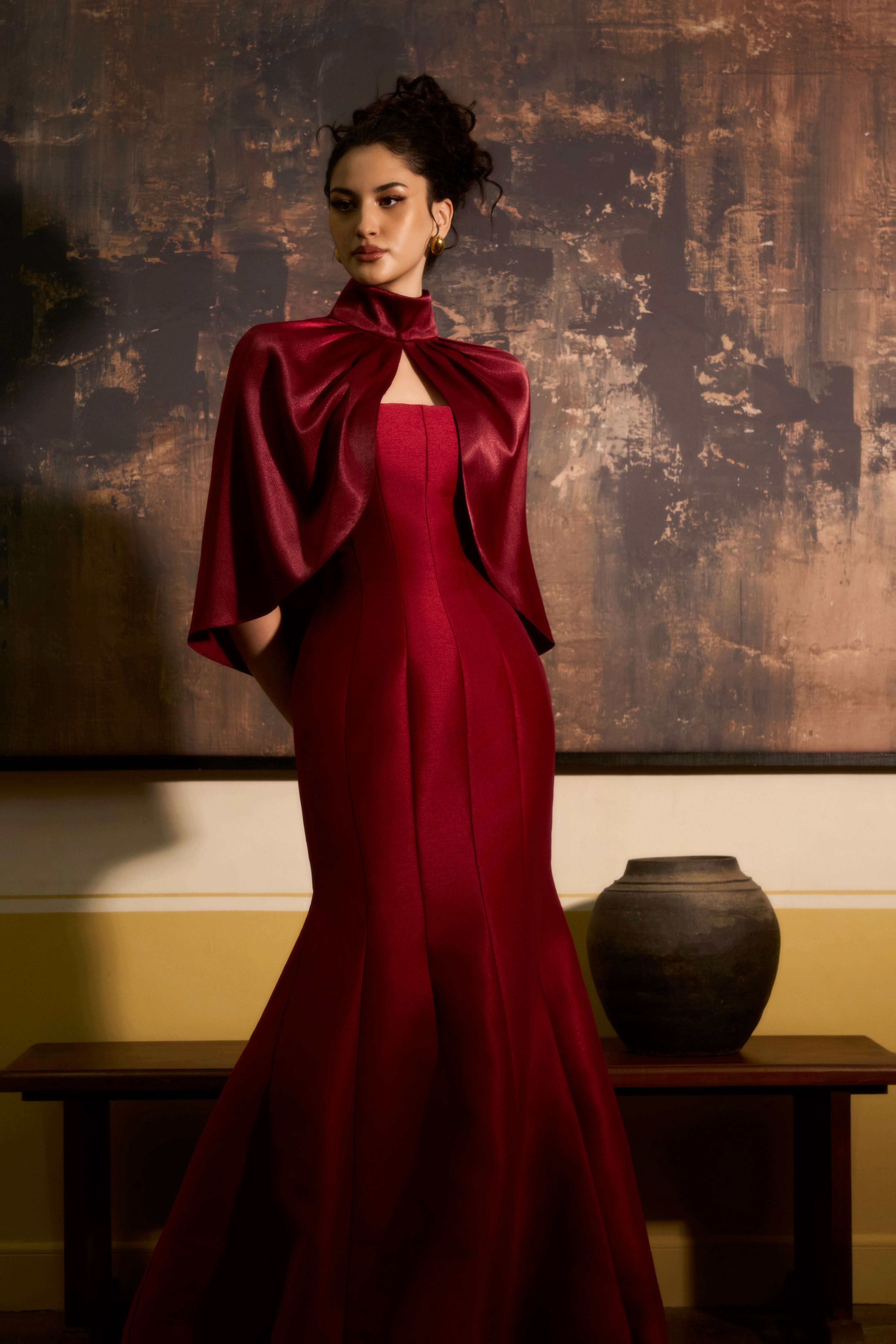 Huyen Suong High Neck Satin Cape