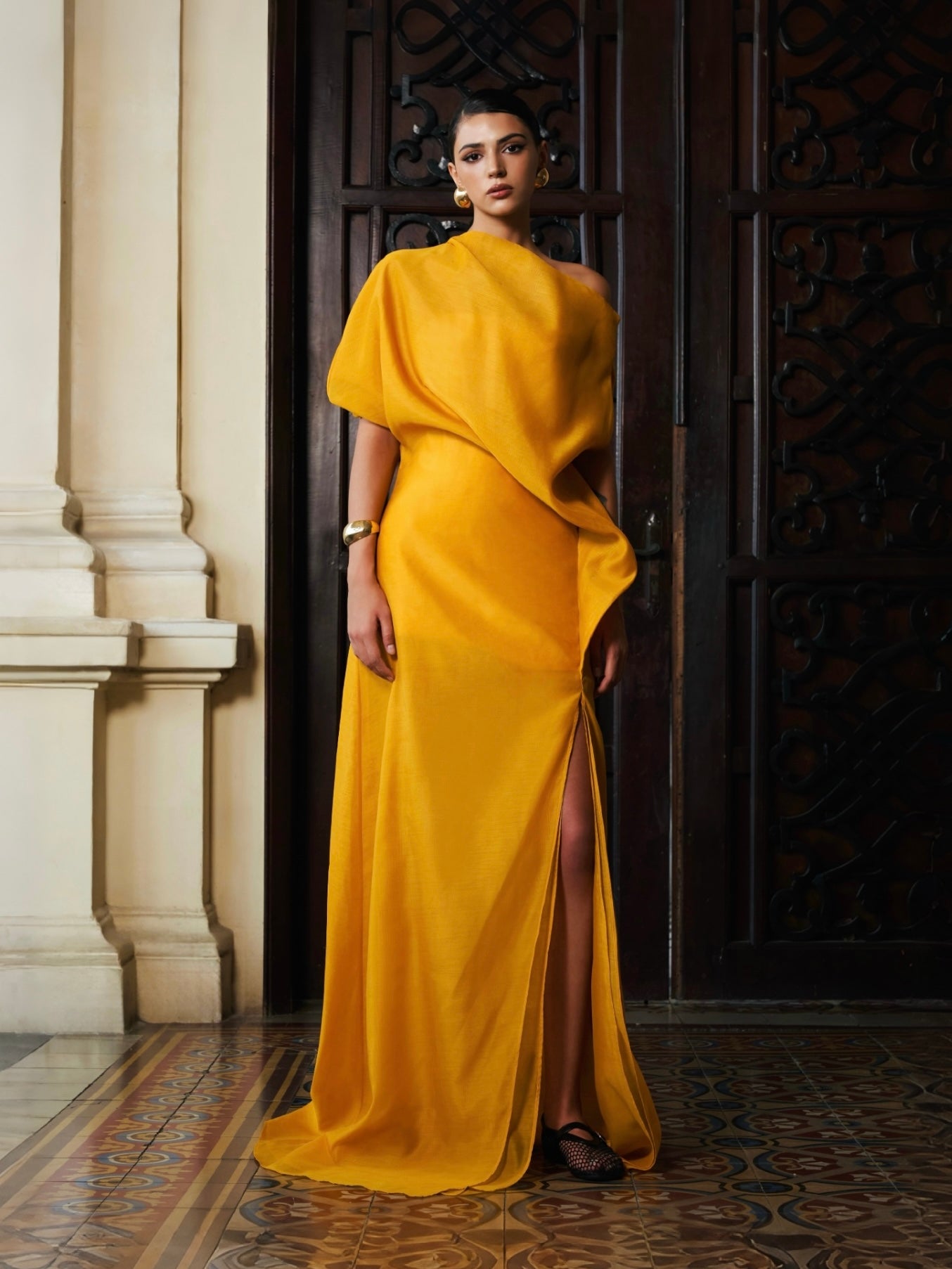 Anh Kim Asymmetric Deconstructed Front Slit Silk Organza Maxi Dress