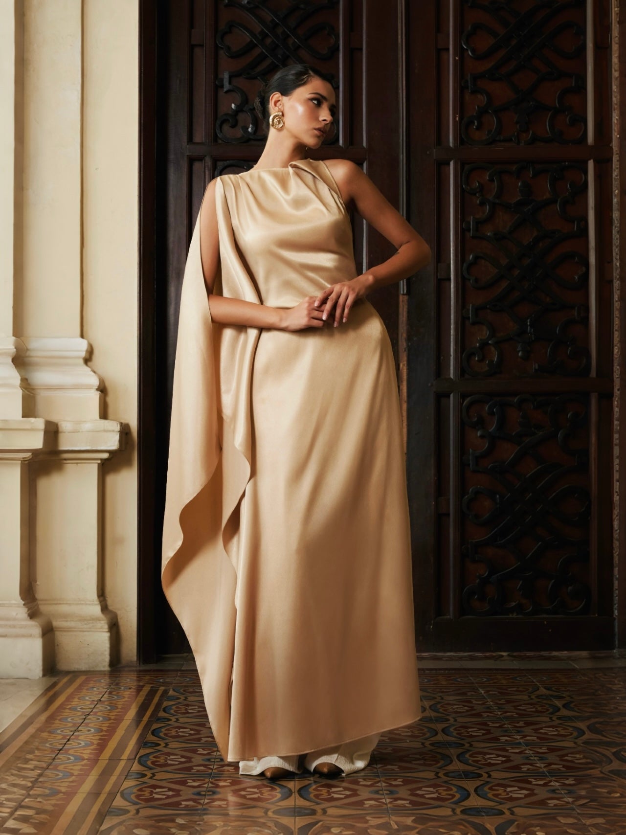 Lam Ha Asymmetric Draped Flowing Slit Panels Satin Top
