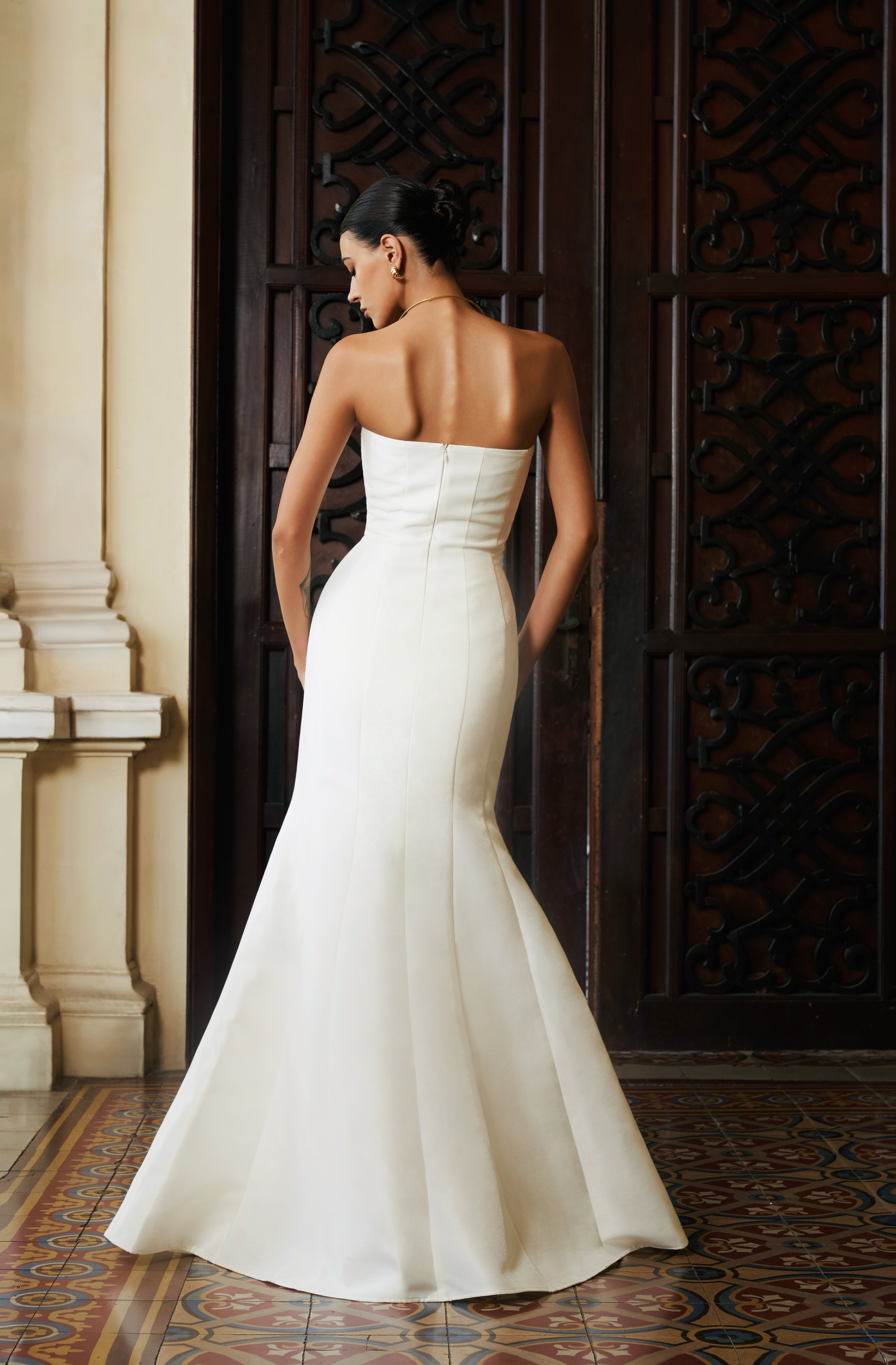 Tram Trumpet Strapless Taffeta Maxi Dress