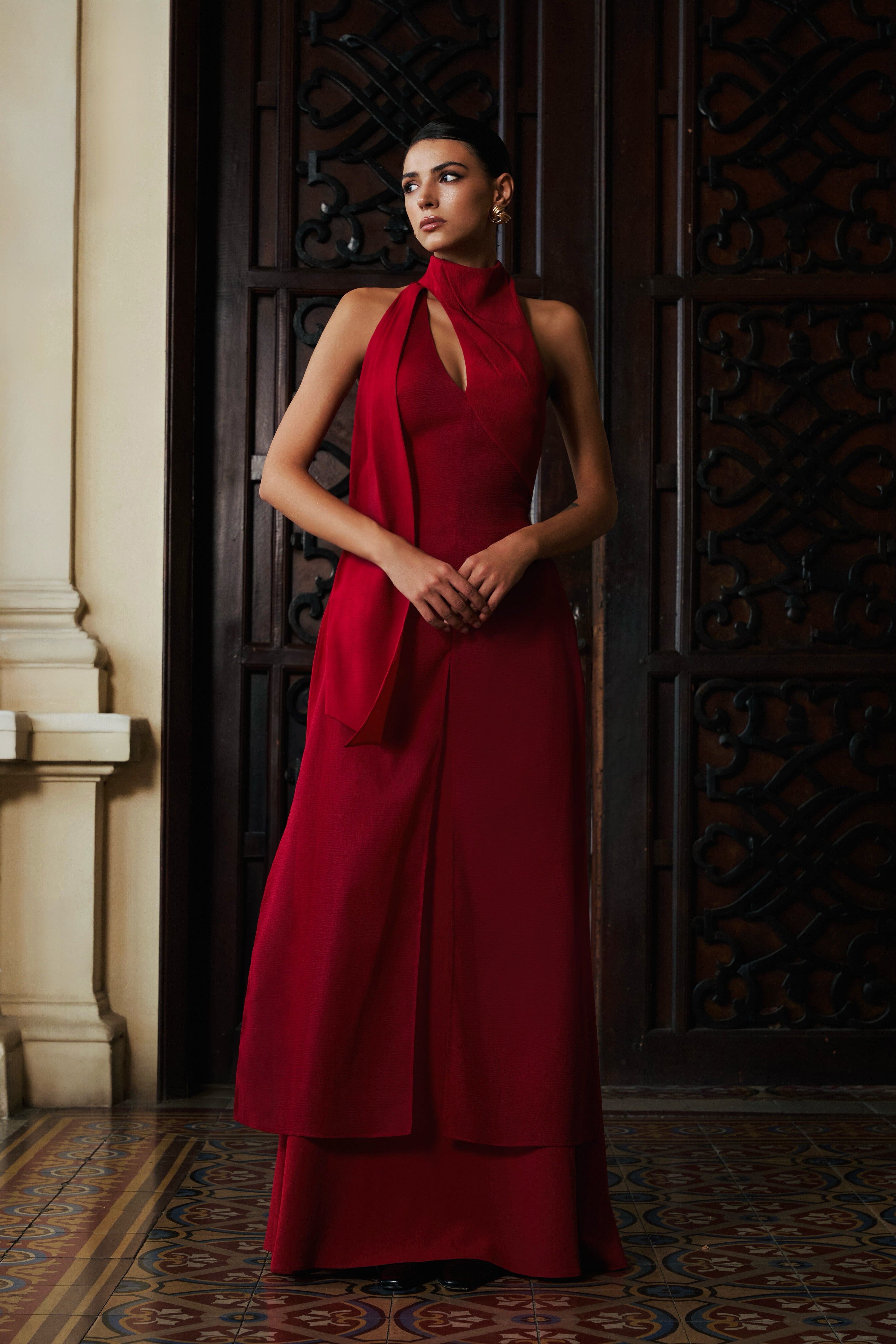 Yen Layered High Neck Floss Silk Ankle Length Dress