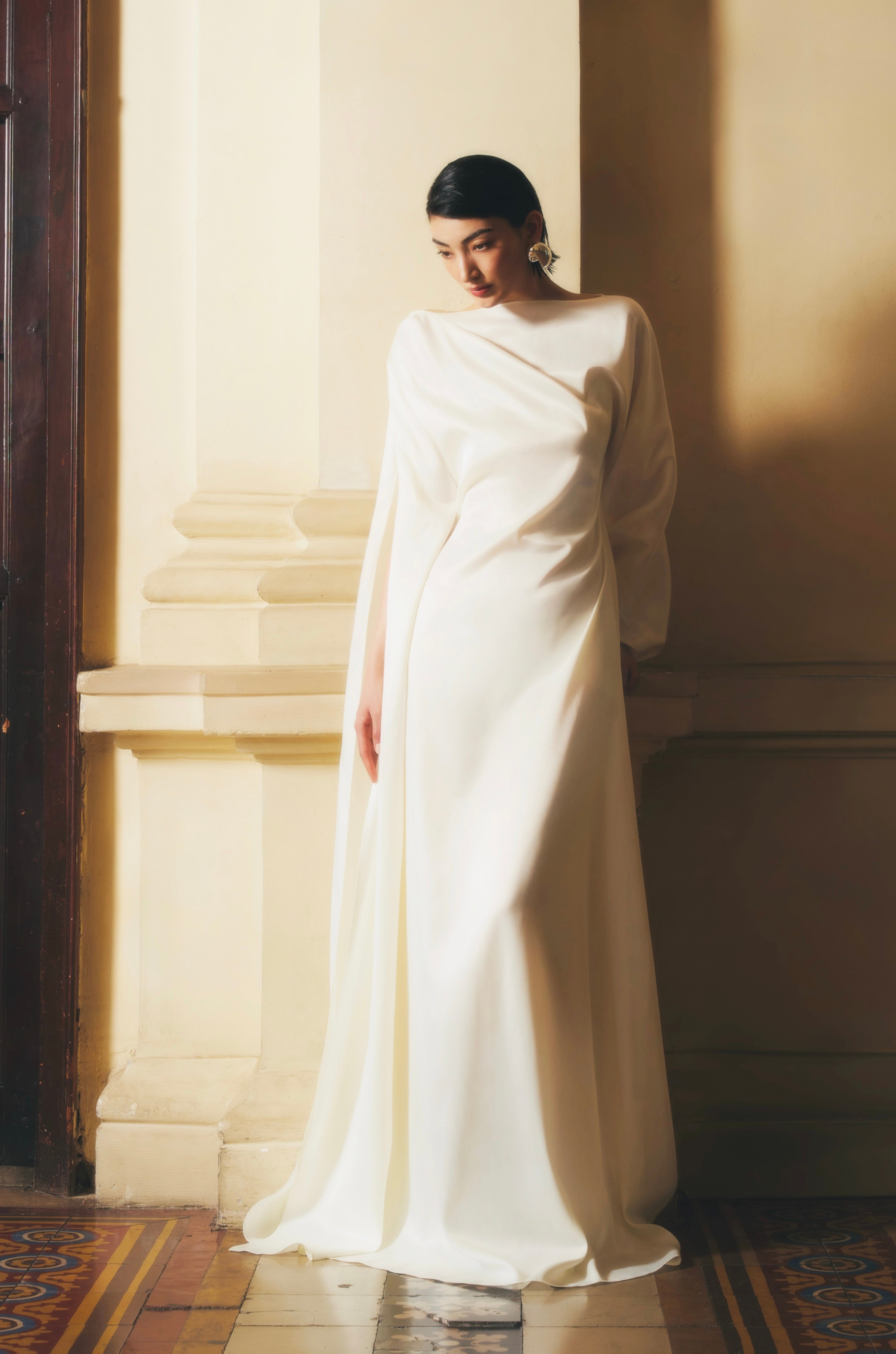 Quyen Trapezoid Shoulder Draping Boat Neck Satin Maxi Dress