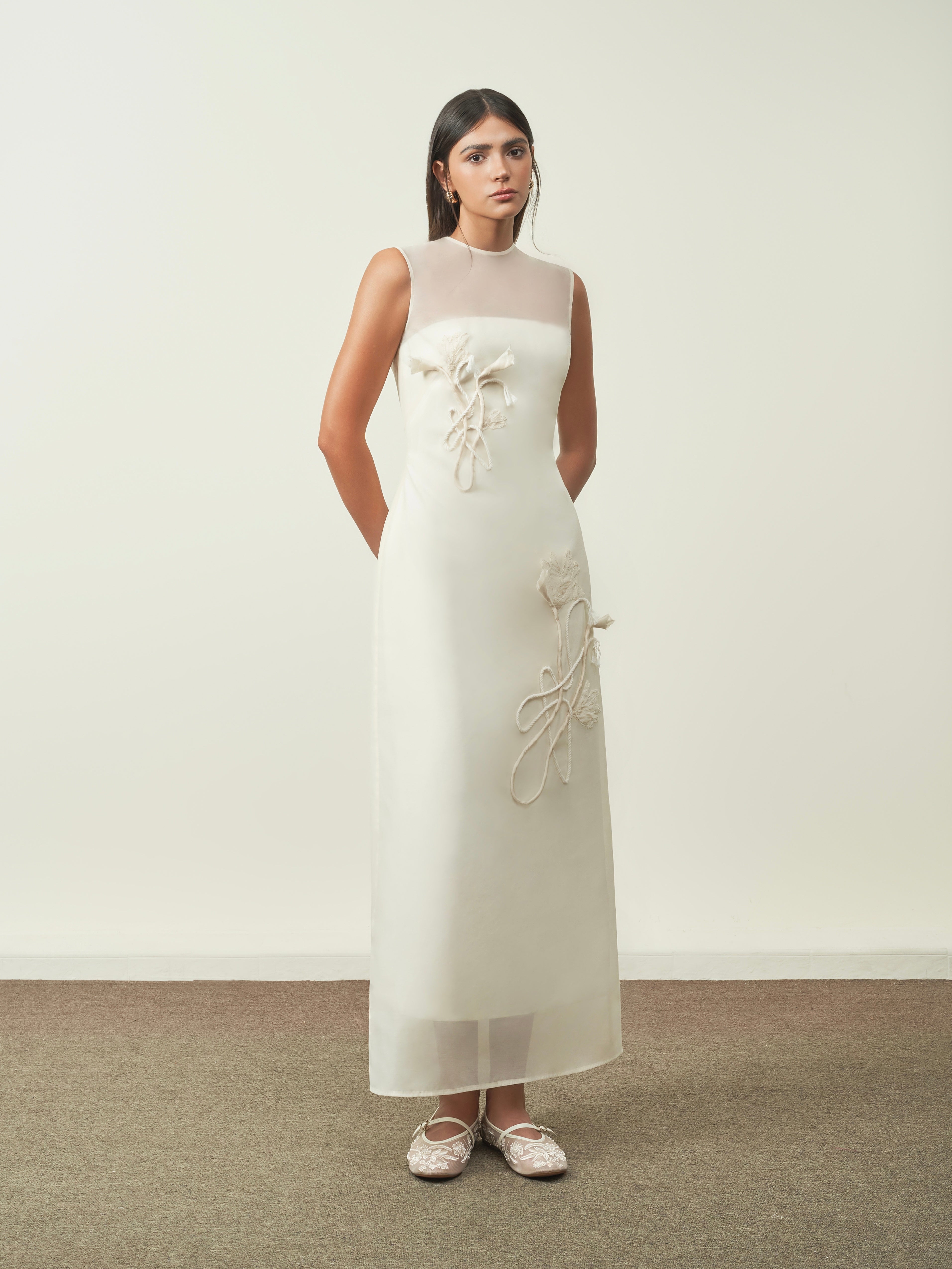 Linh Chi H-Line Flower Embroidery Organza Midi Dress