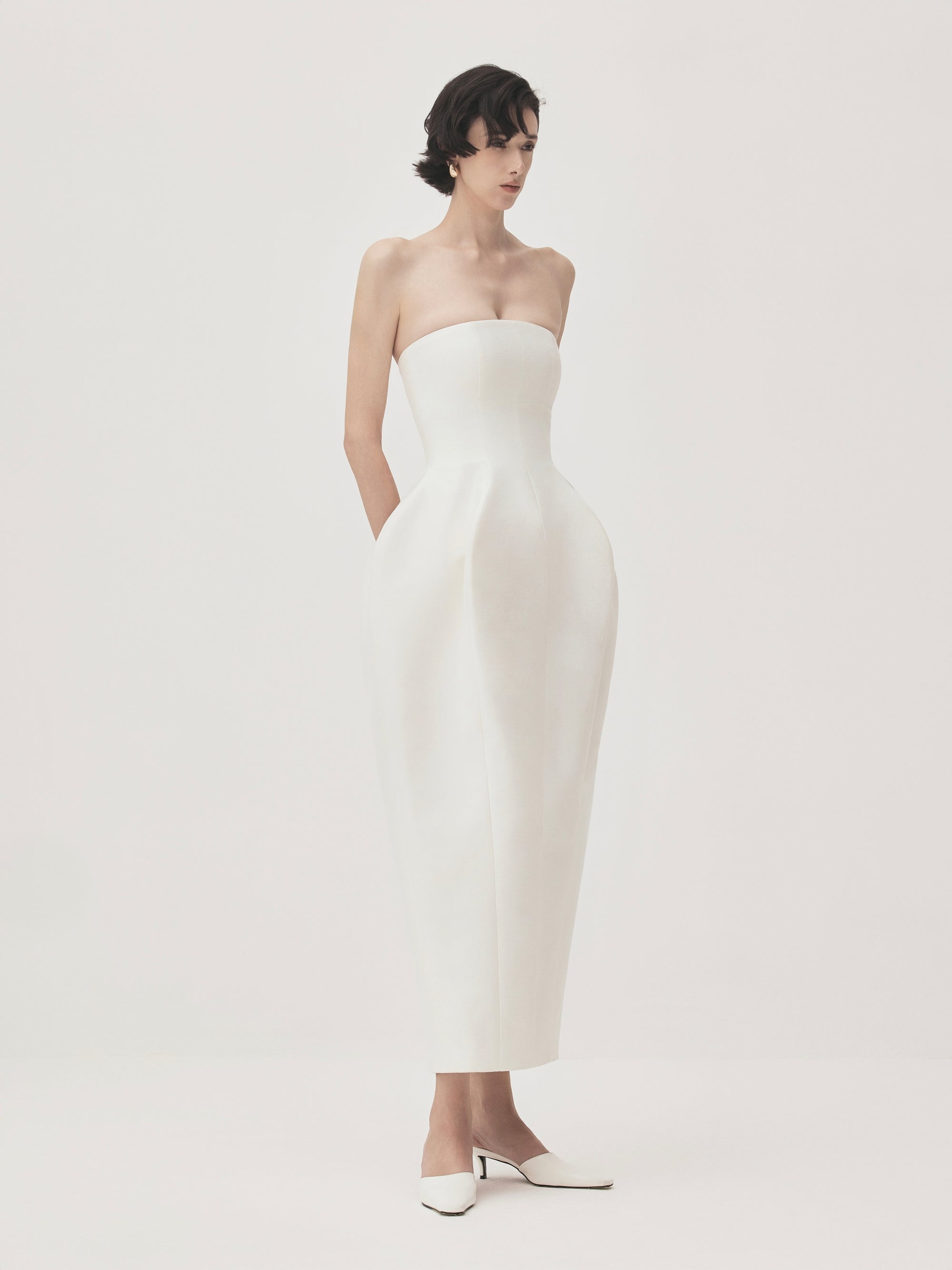 Ly Puffy Strapless Taffeta Midi Dress