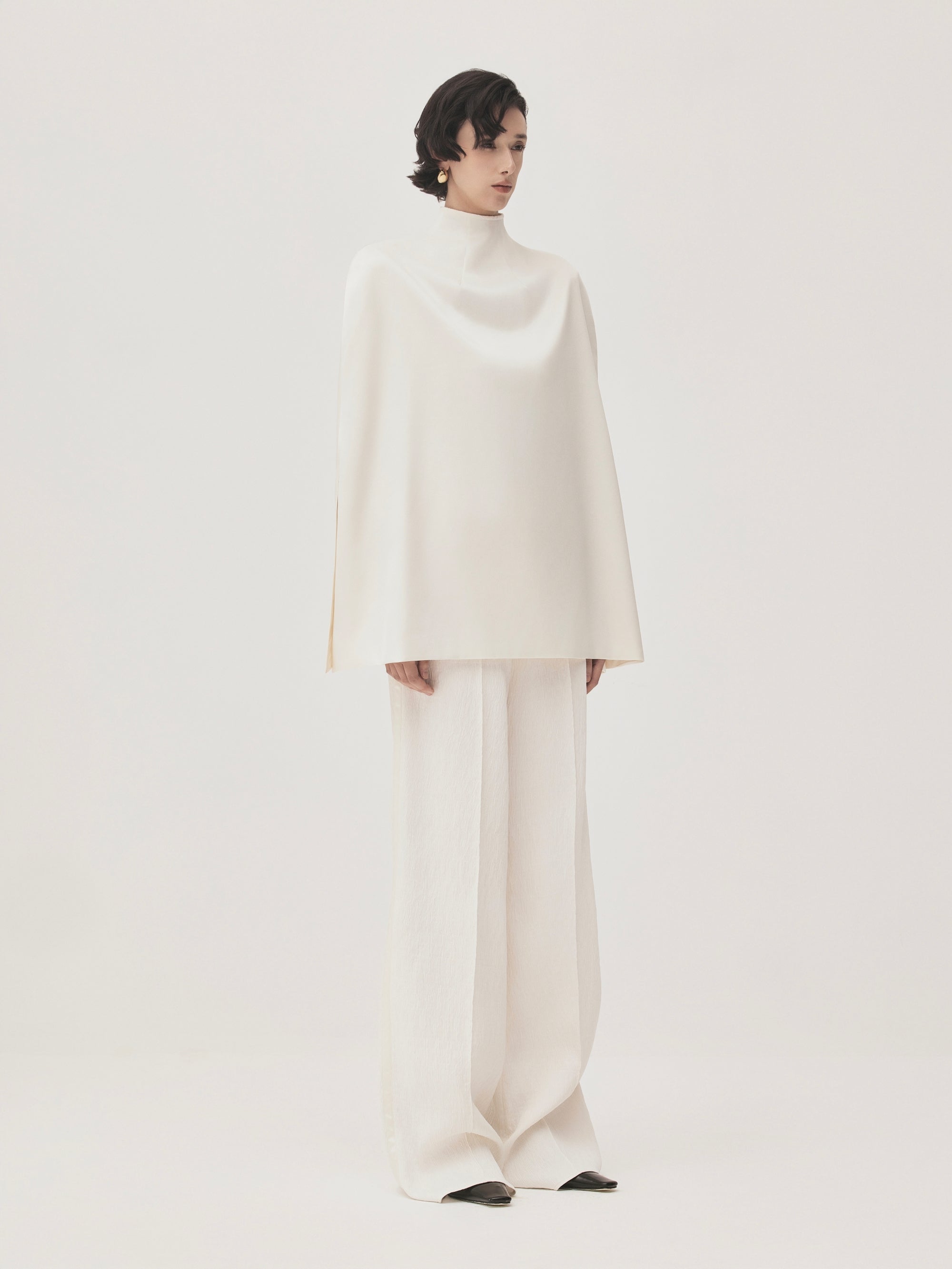 Minh Nga Trapezoid High Neck Satin Cape