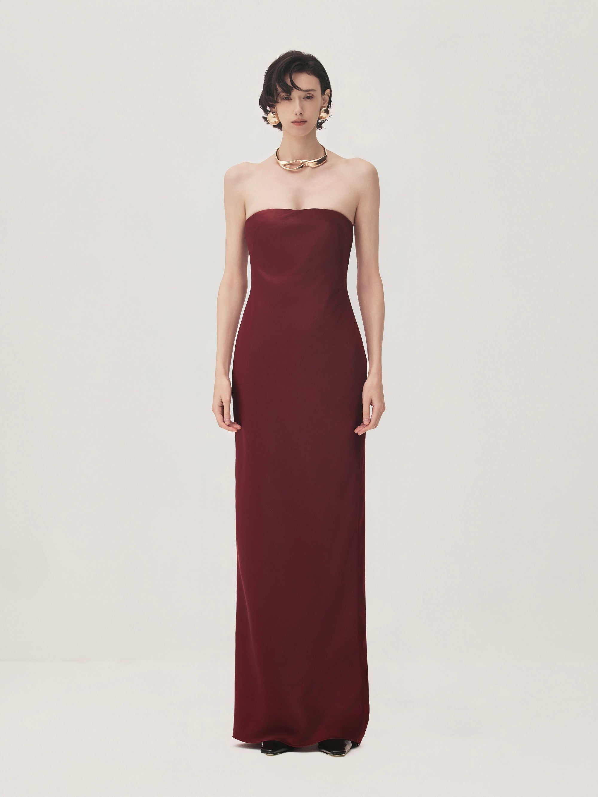 Linh Sa Sheath Strapless High-Sheen Satin Maxi Dress