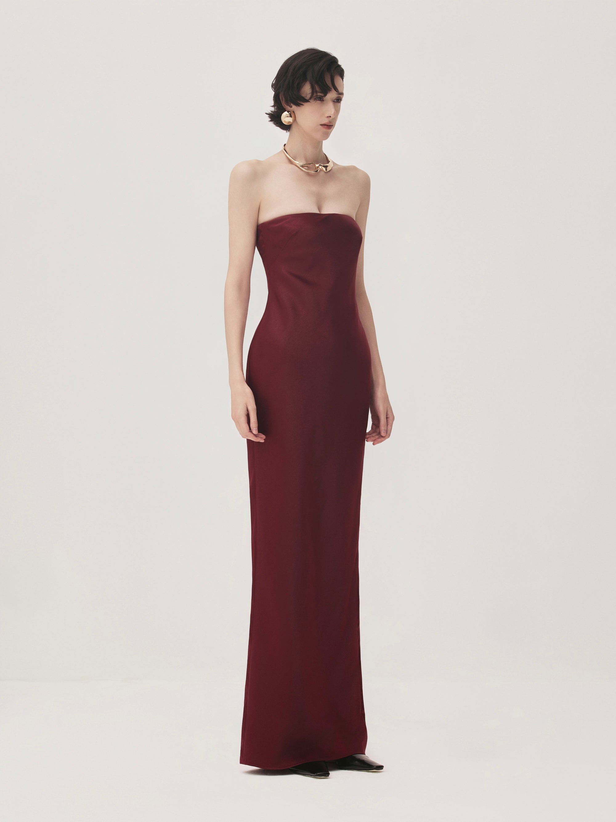 Linh Sa Sheath Strapless High-Sheen Satin Maxi Dress