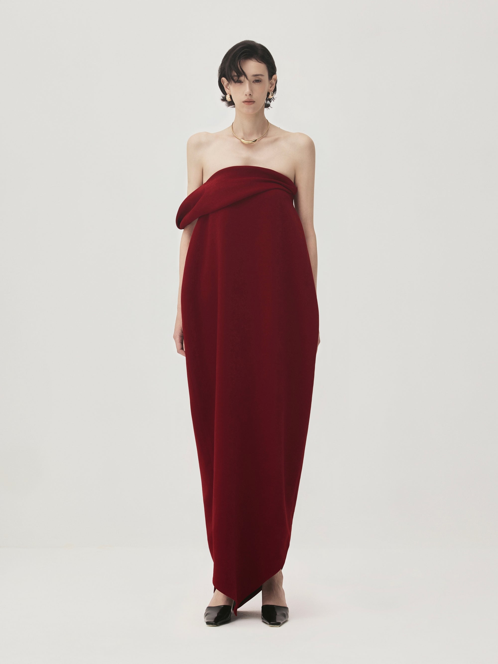 Nhung Cocoon Asymmetric One Shoulder Velvet Maxi Dress