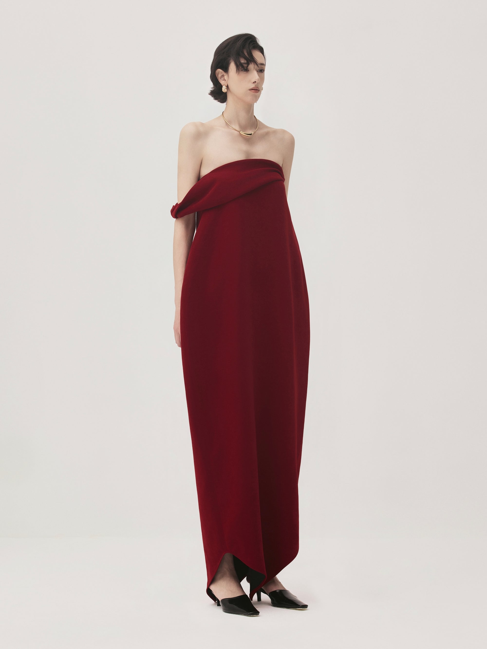 Nhung Cocoon Asymmetric One Shoulder Velvet Maxi Dress