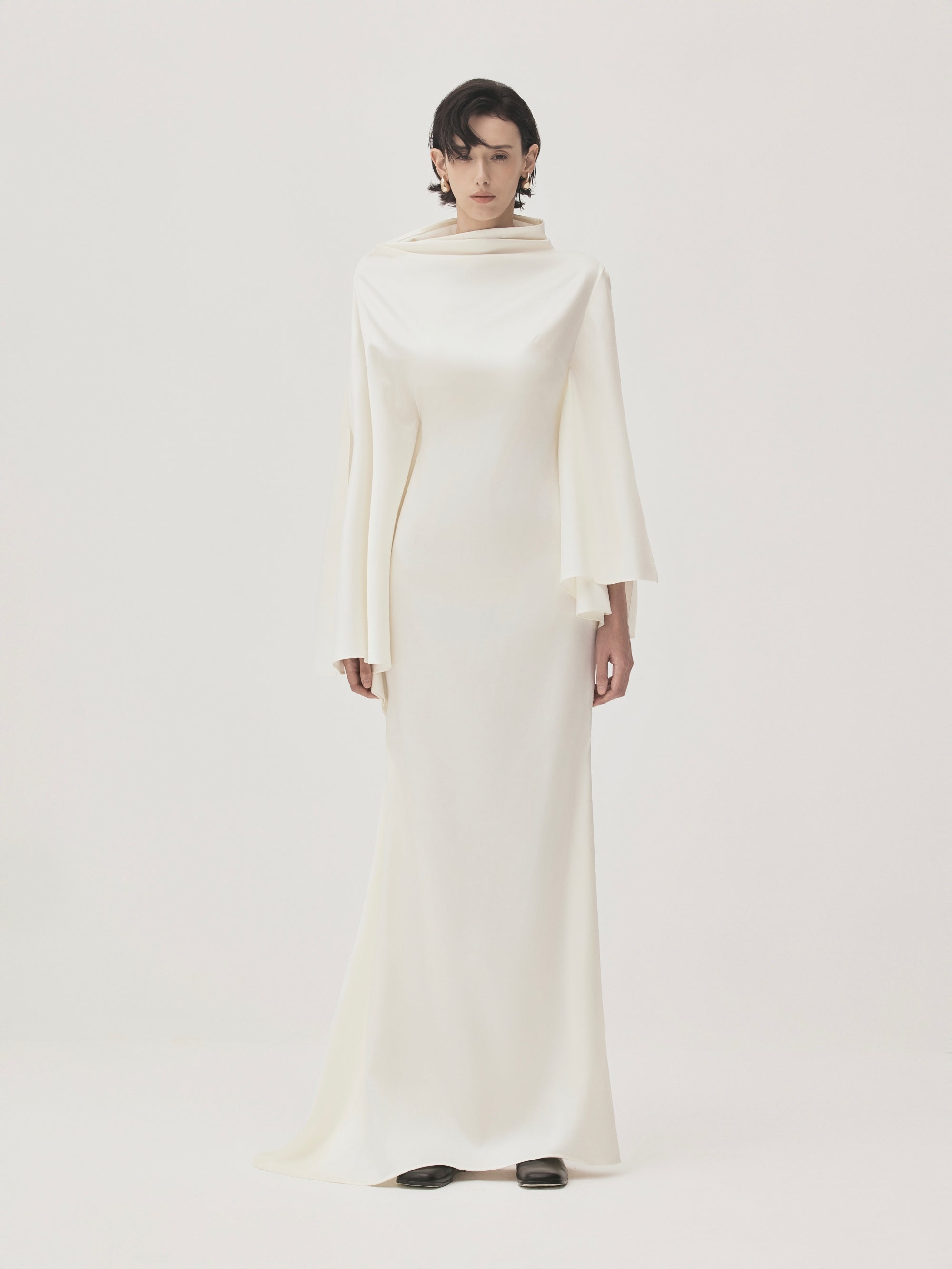 Van Chau H-line Slit Sleeved Shimmering Satin Maxi Dress