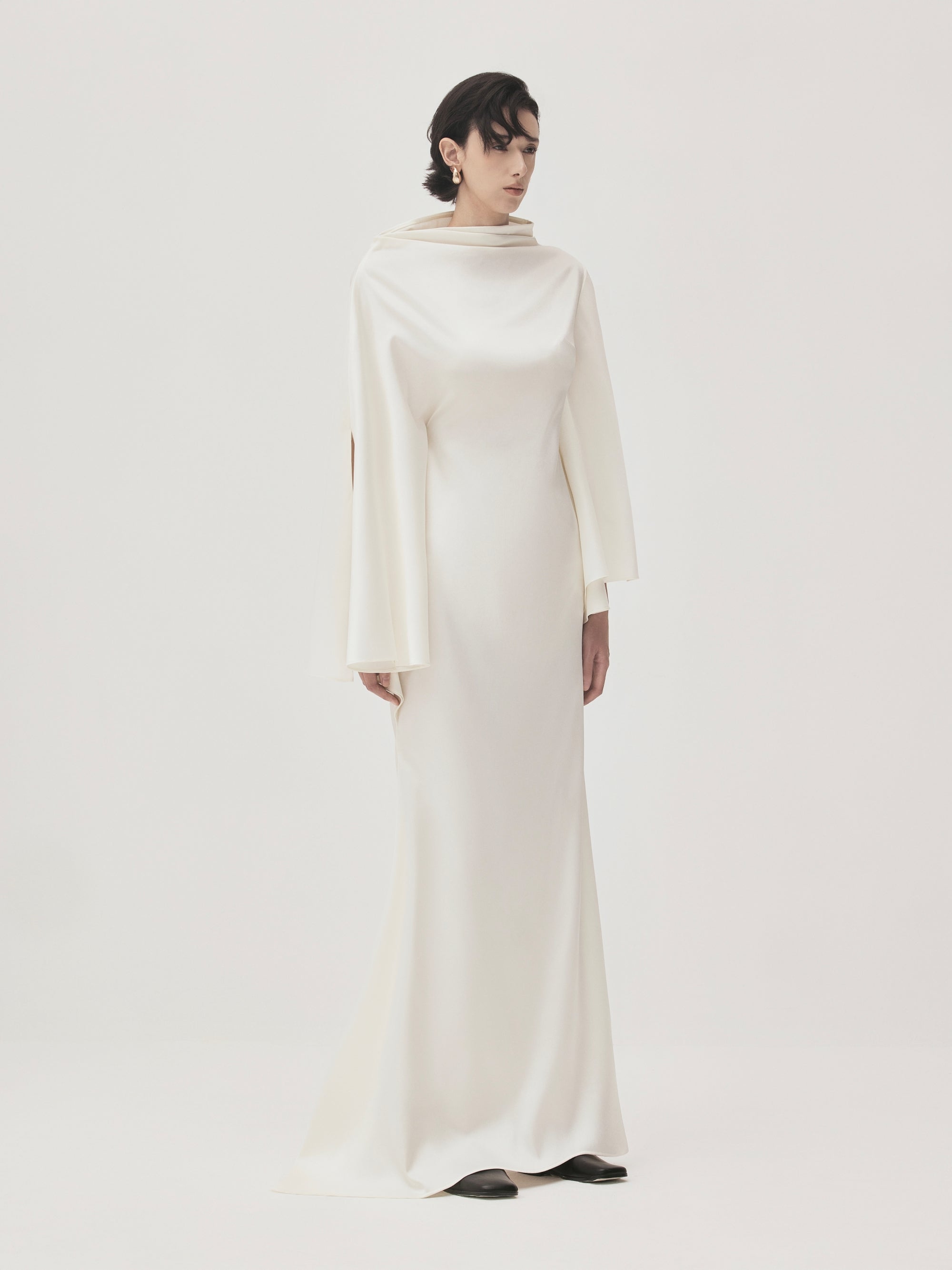 Van Chau H-line Slit Sleeved Shimmering Satin Maxi Dress