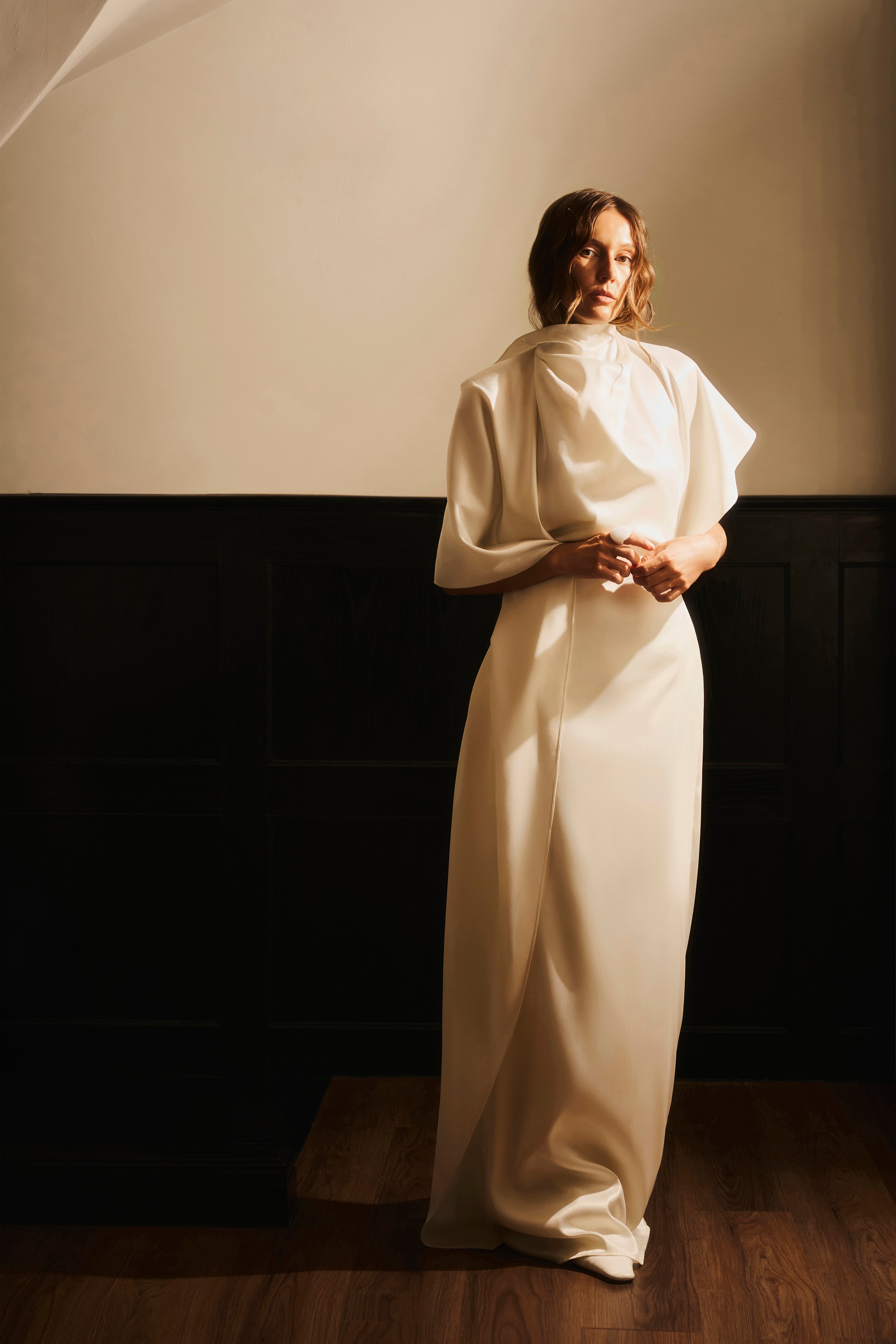 Dieu Nhu Asymmetrical Drape Satin Maxi Dress