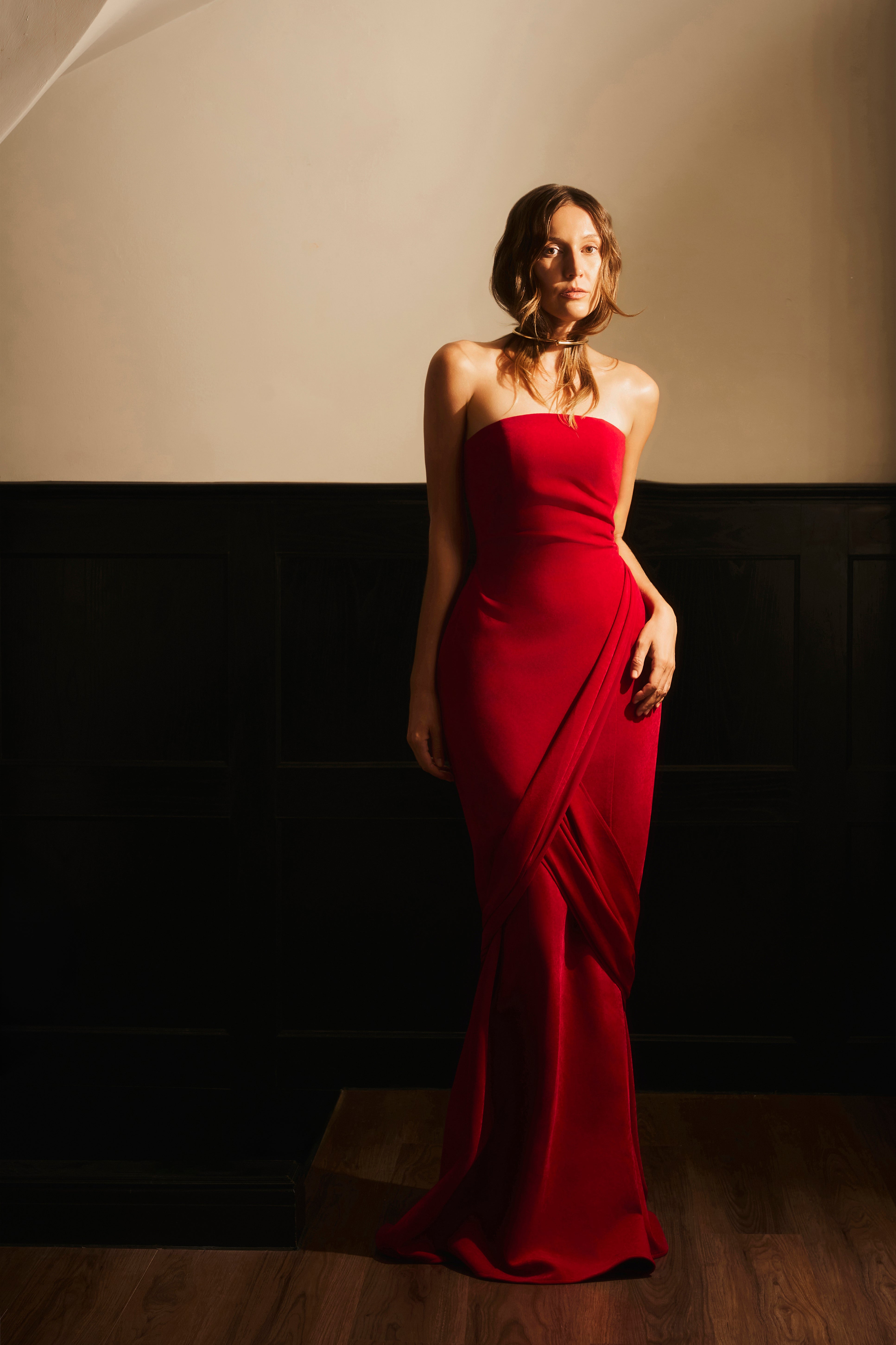 Lan Vy Mermaid Strapless Velvet Maxi Dress