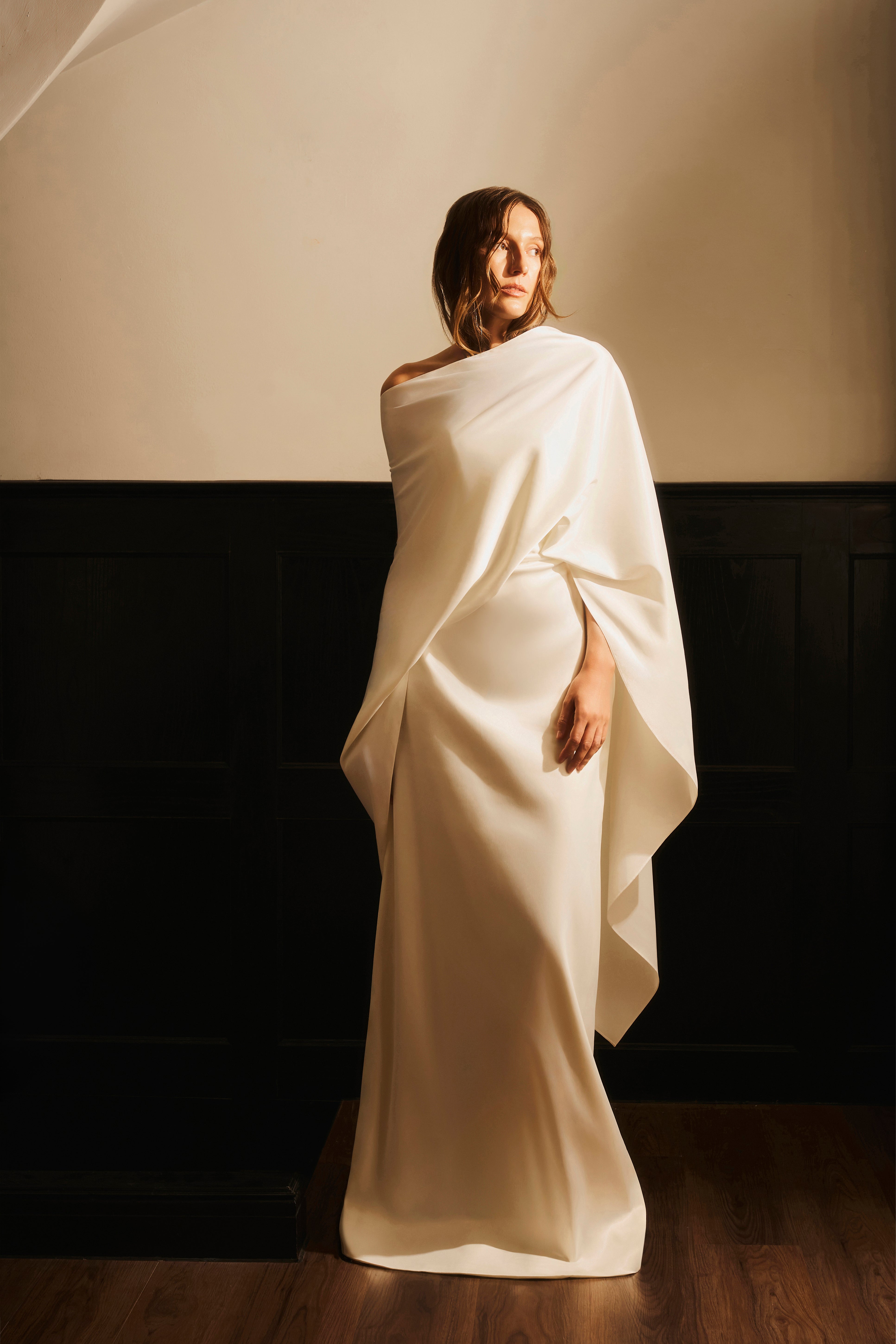 Lam Ngoc Sheath Cape-Overlay Satin Maxi Dress