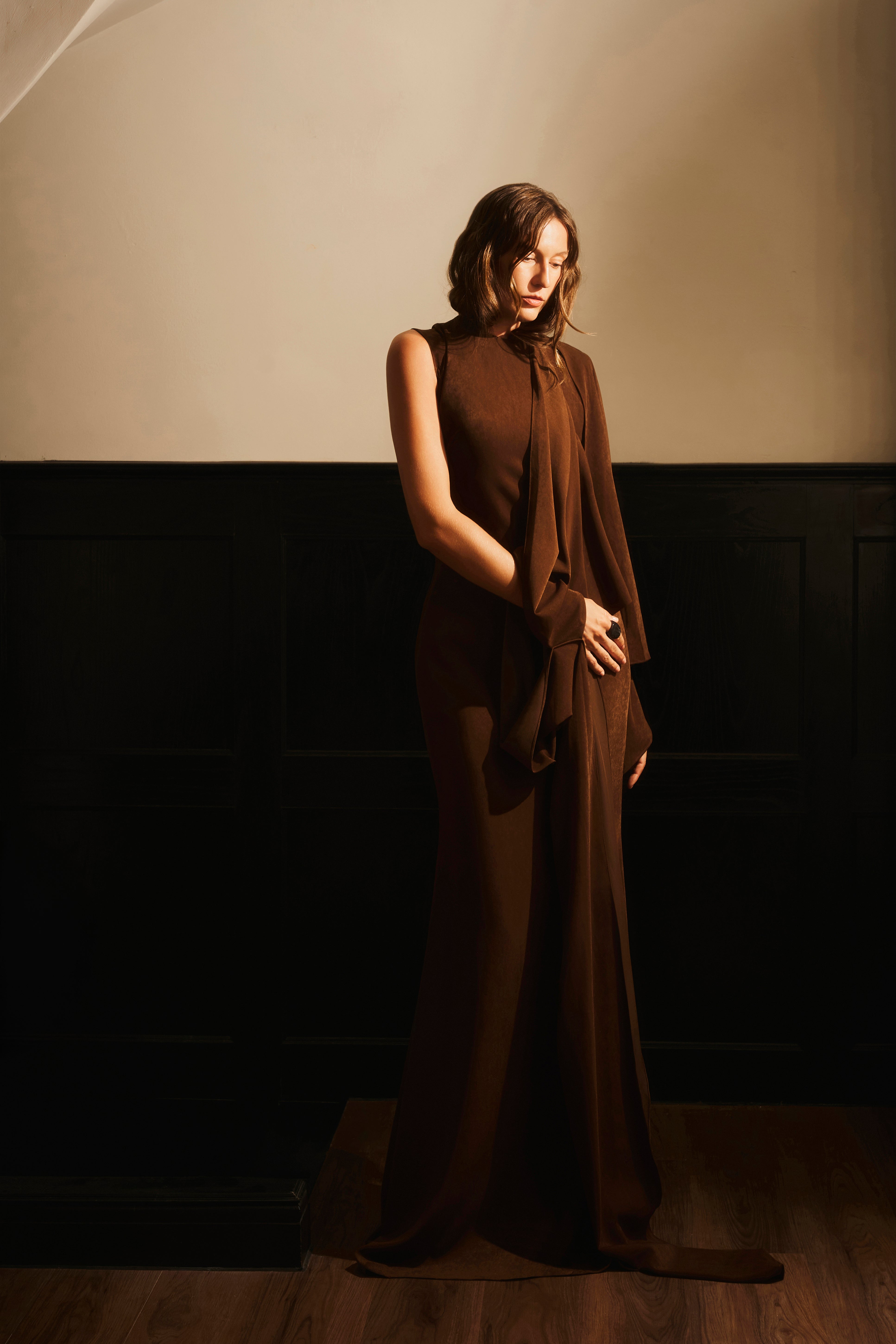 Nguyet Nga Trumpet Cape-Overlay Velvet Maxi Dress