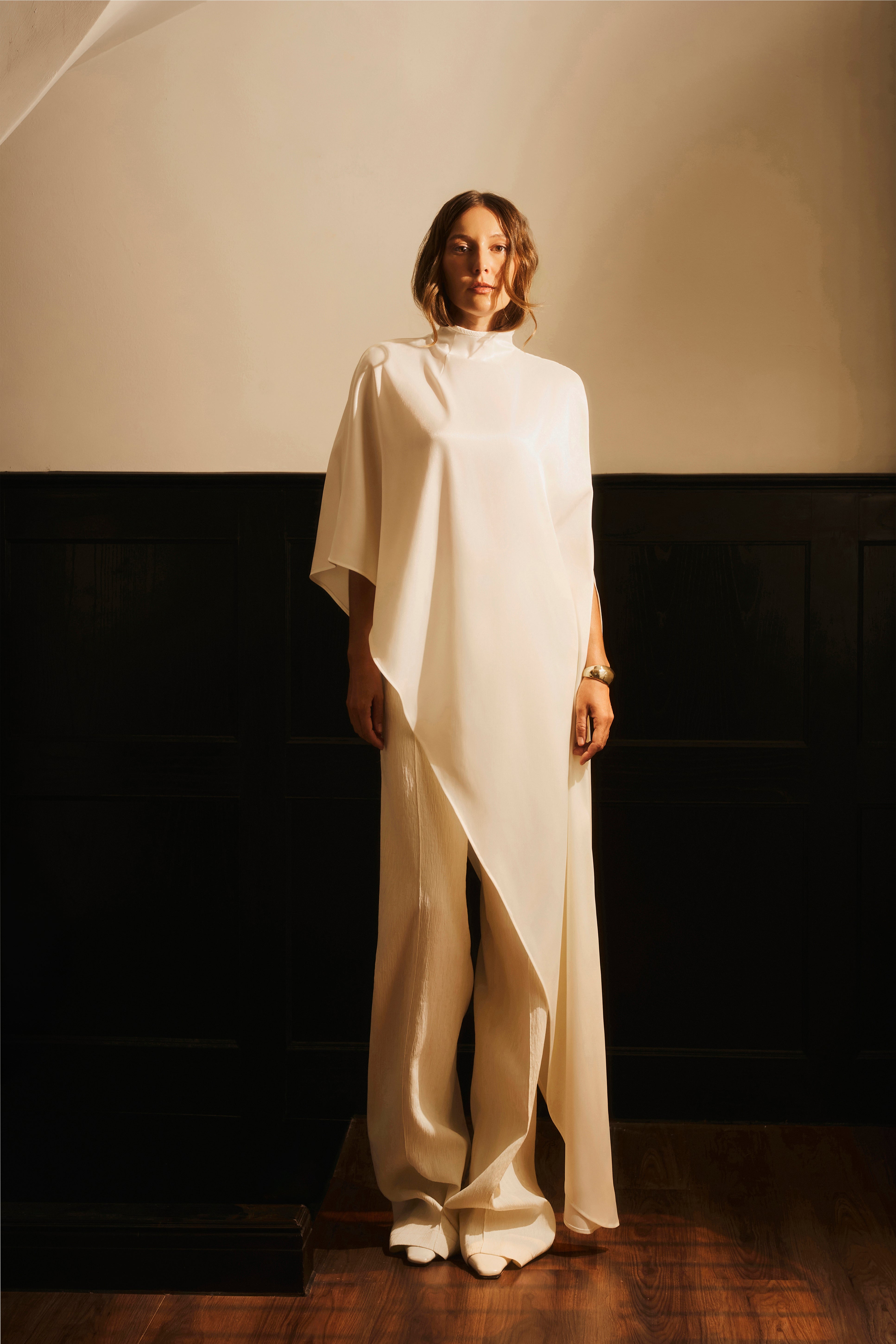 Quynh Dao Asymmetric Flowing Satin Cape