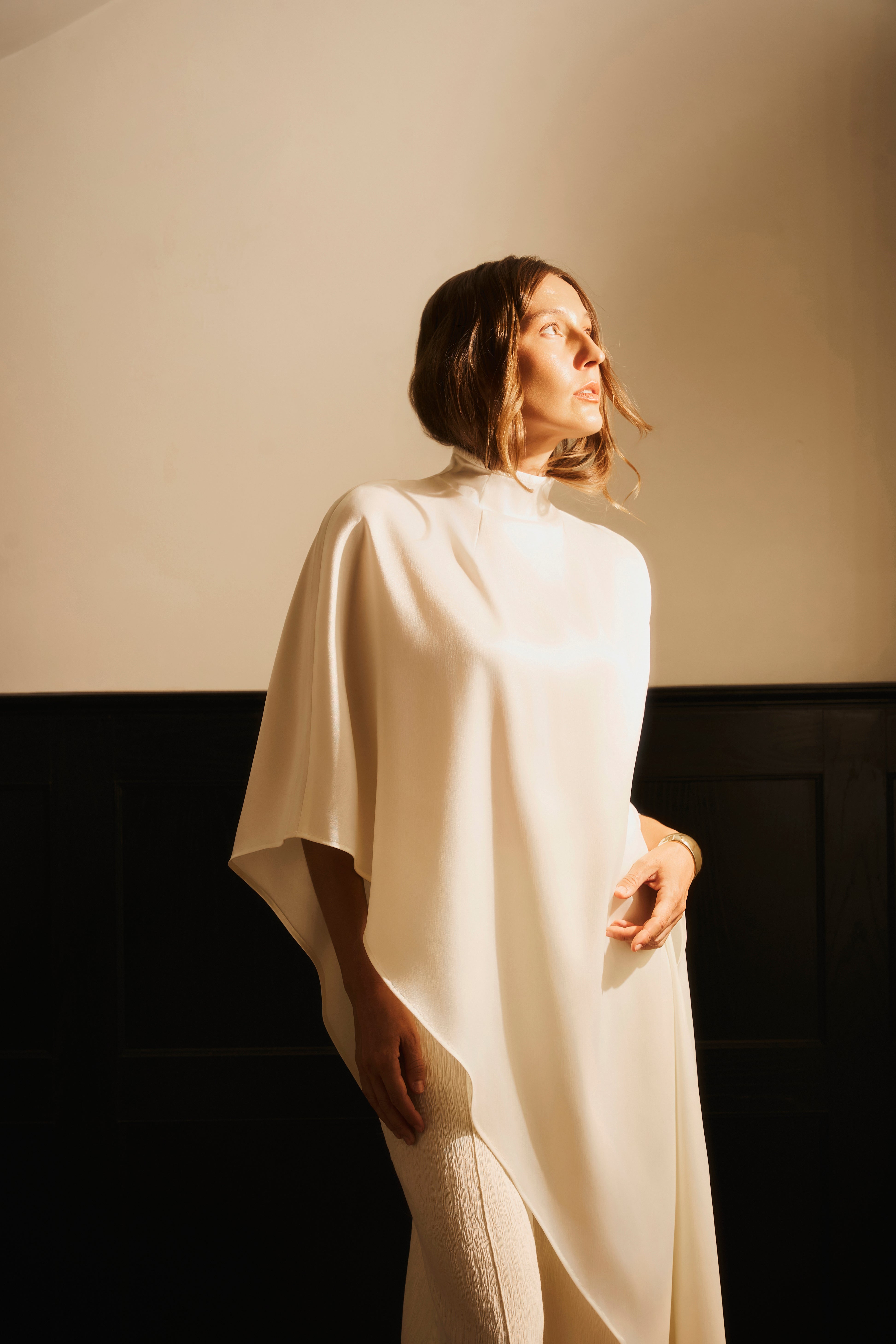 Quynh Dao Asymmetric Flowing Satin Cape