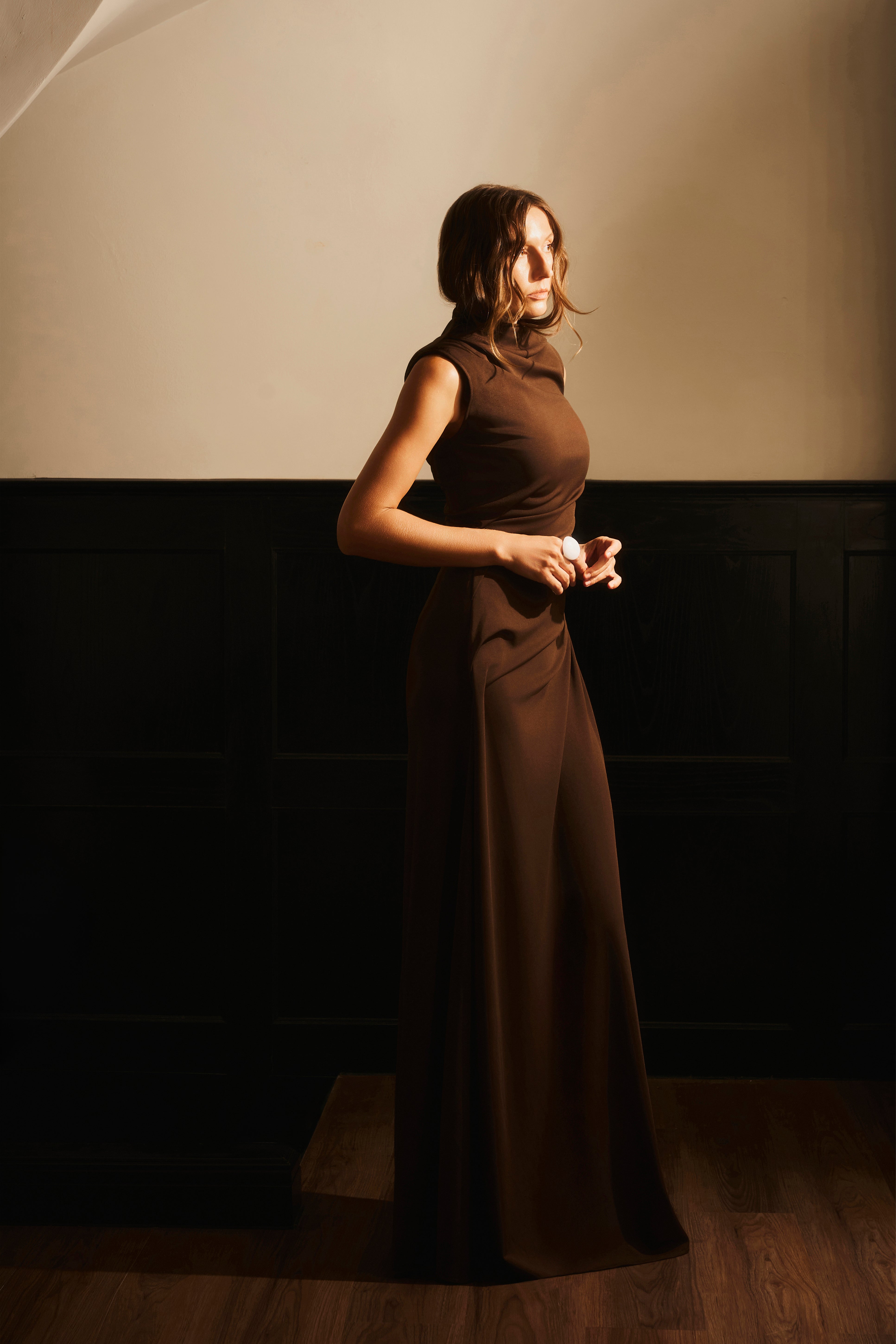 Thu Mien Sheath High-Neck Ponte Knit Maxi Dress