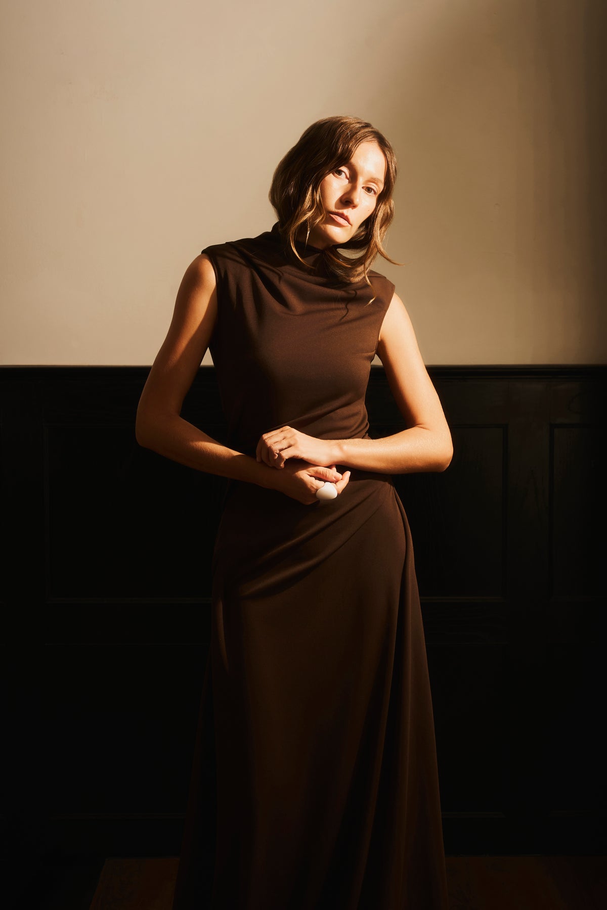 Thu Mien Sheath High-Neck Ponte Knit Maxi Dress