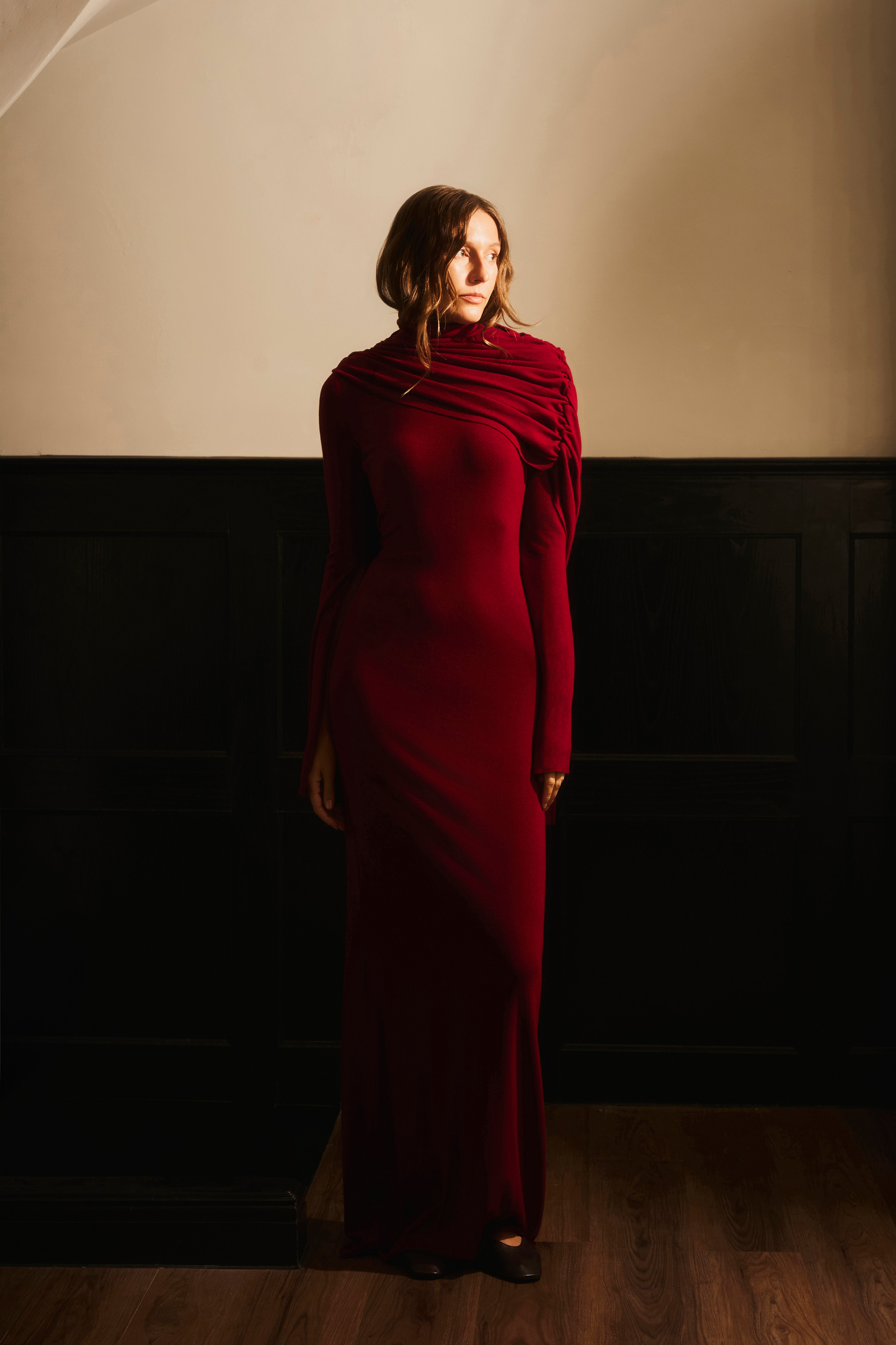 Chu Diep Sheath Cape-Overlay Cotton Spandex Maxi Dress