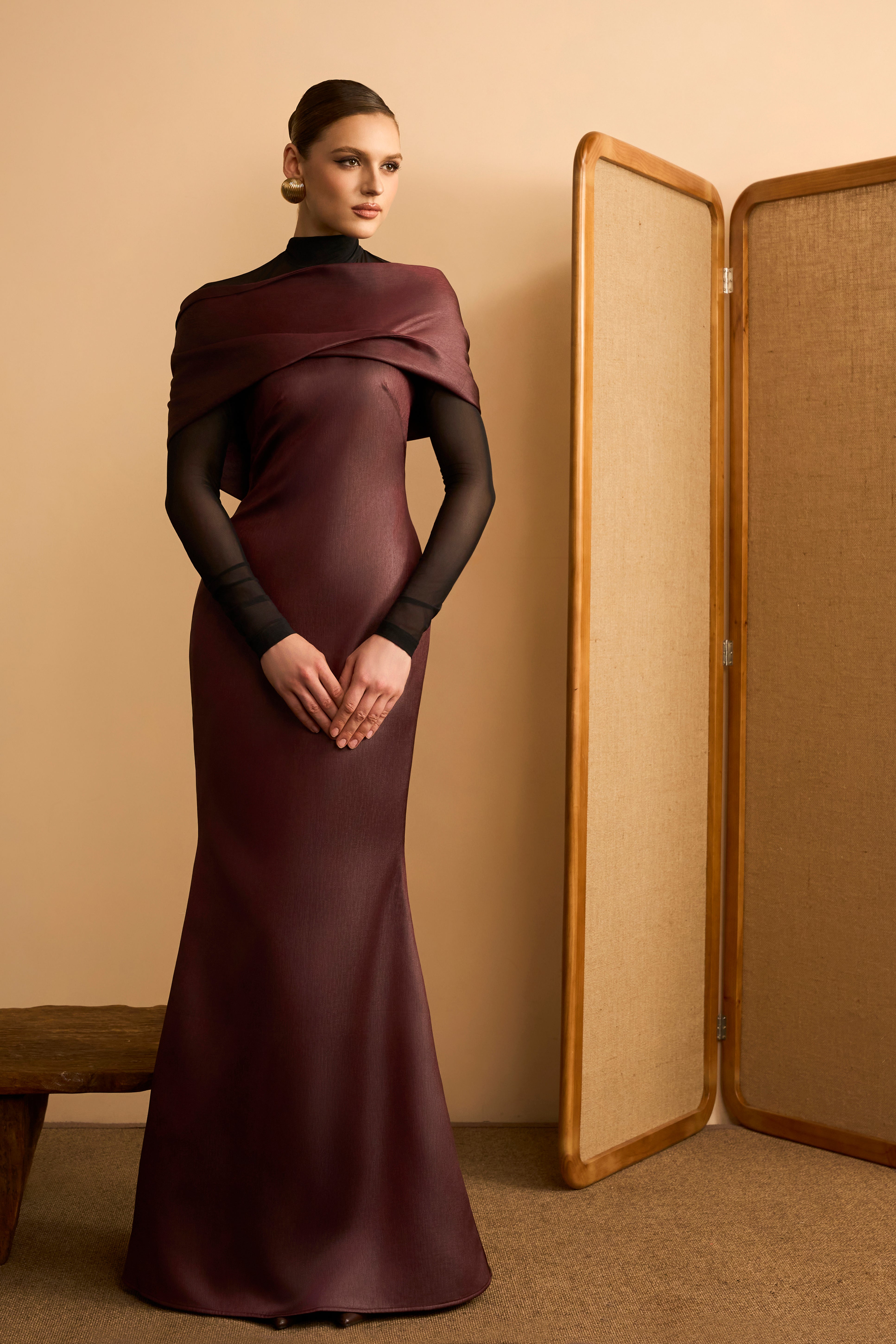 Chau Sa Trumpet Boat Neck Crinkled Satin Maxi Dress