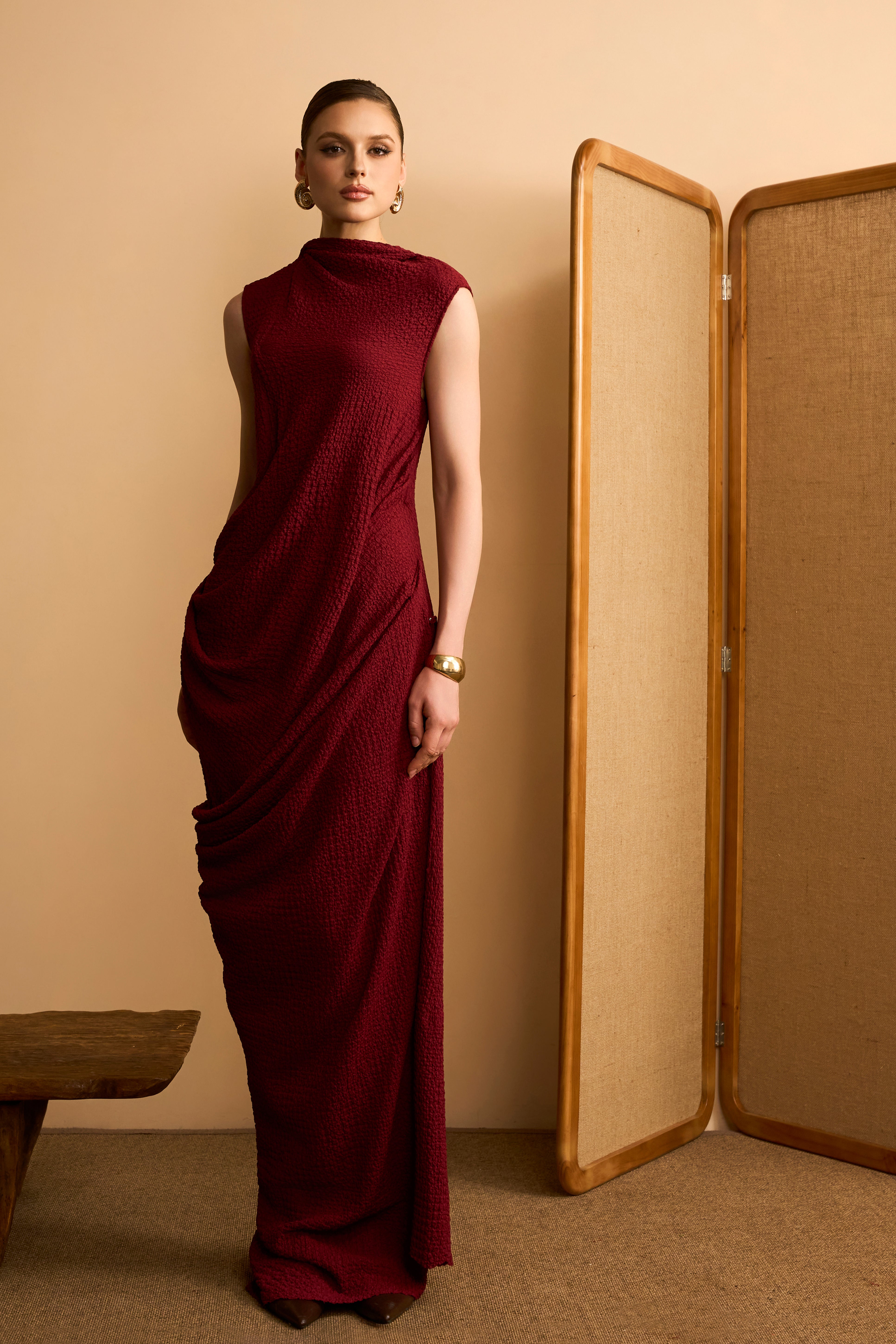 Cam Van Asymmetrical Draped Crinkle Maxi Dress
