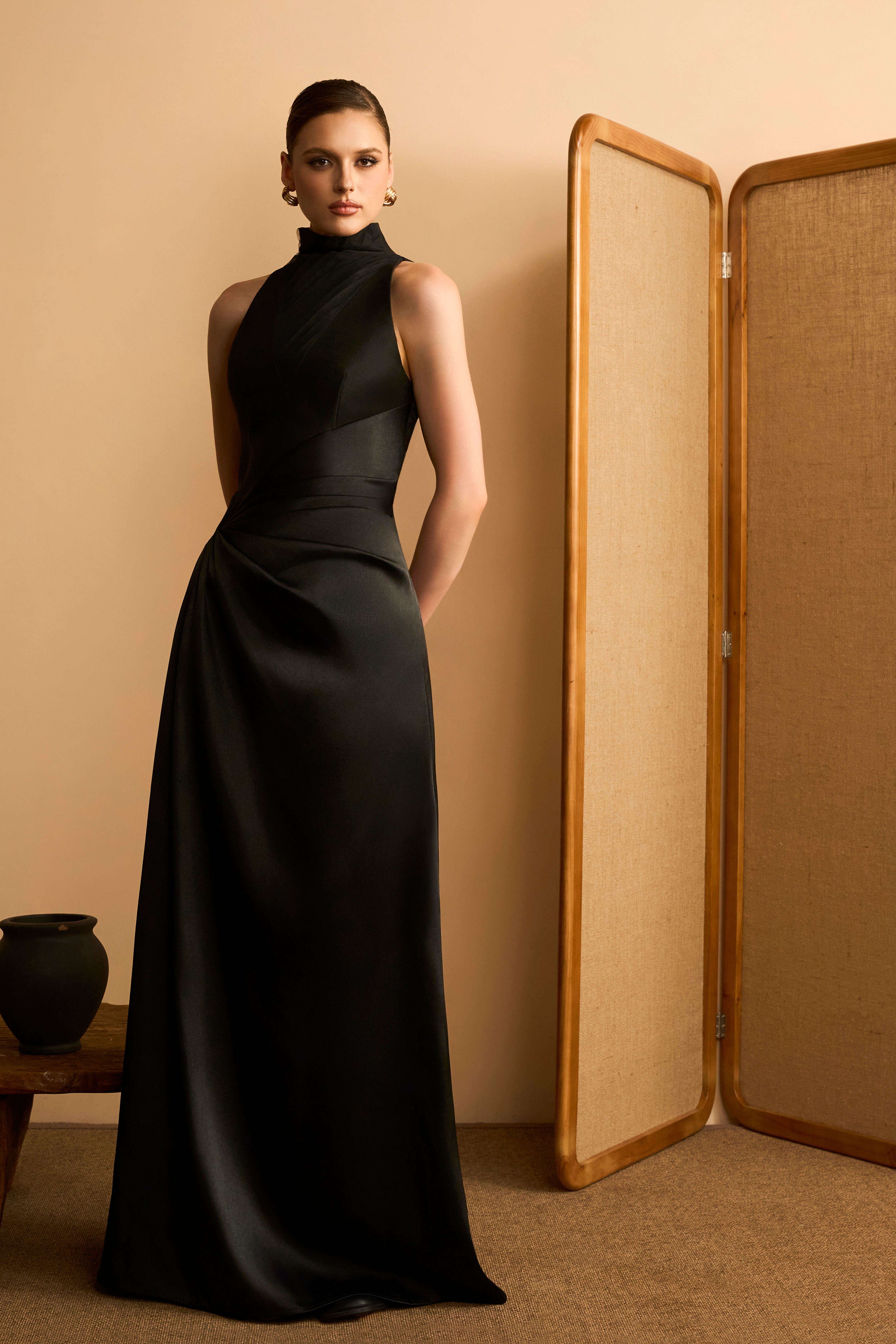 Ngan Ha Sheath High-Neck Draped Satin Maxi Dress