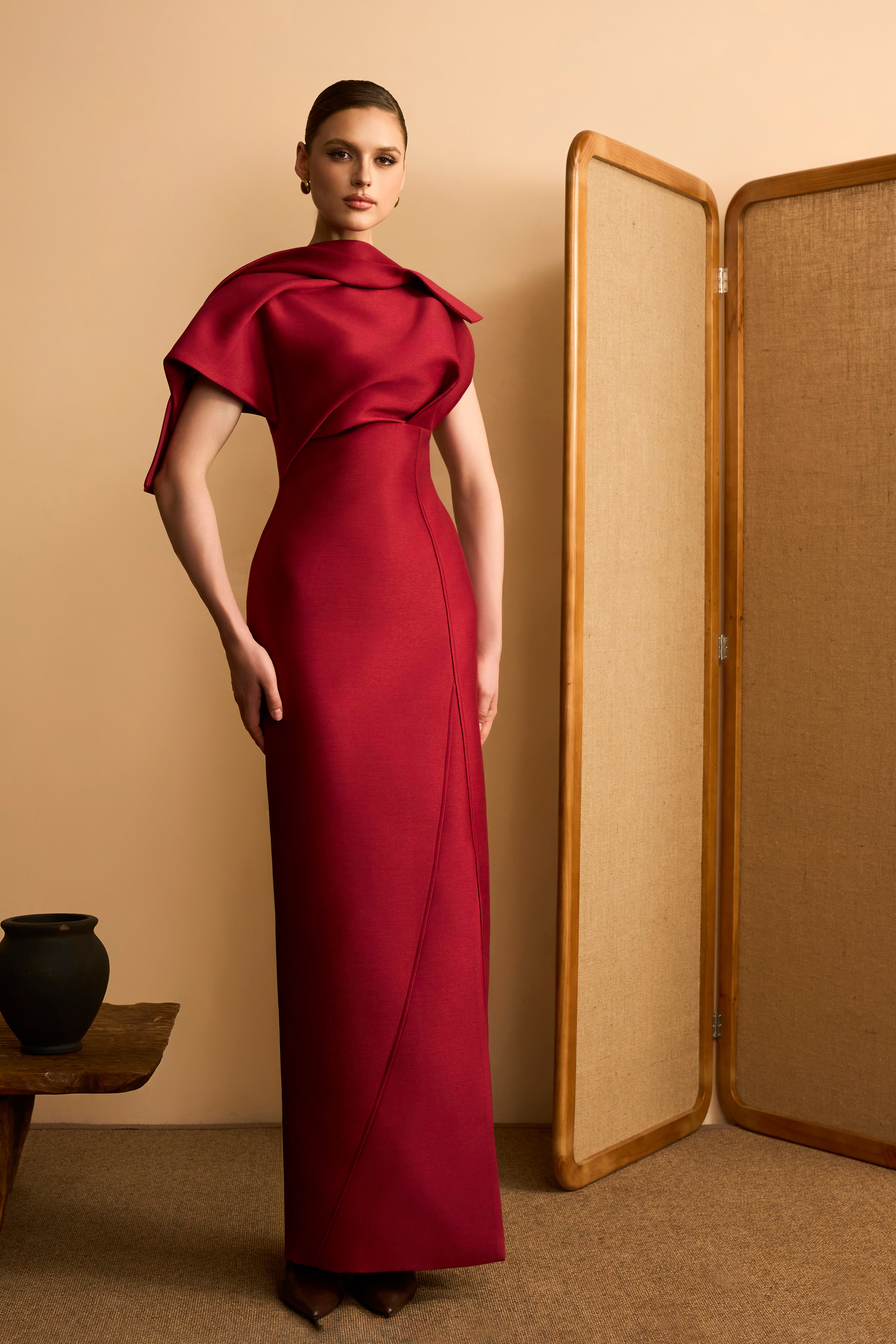 Ha Vy Draped Neckline Taffeta Maxi Dress