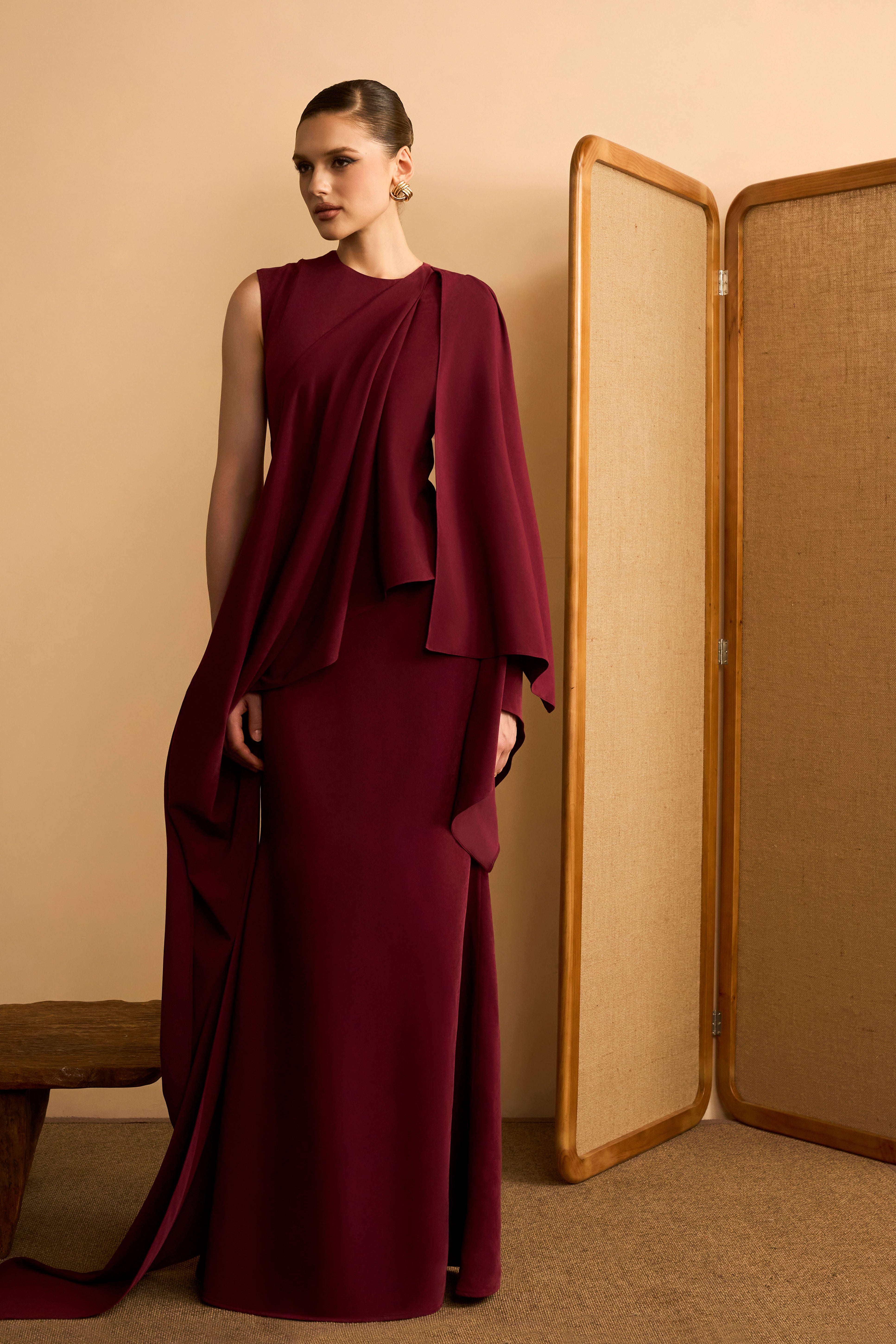 Nguyet Nga Trumpet Cape-Overlay Velvet Maxi Dress